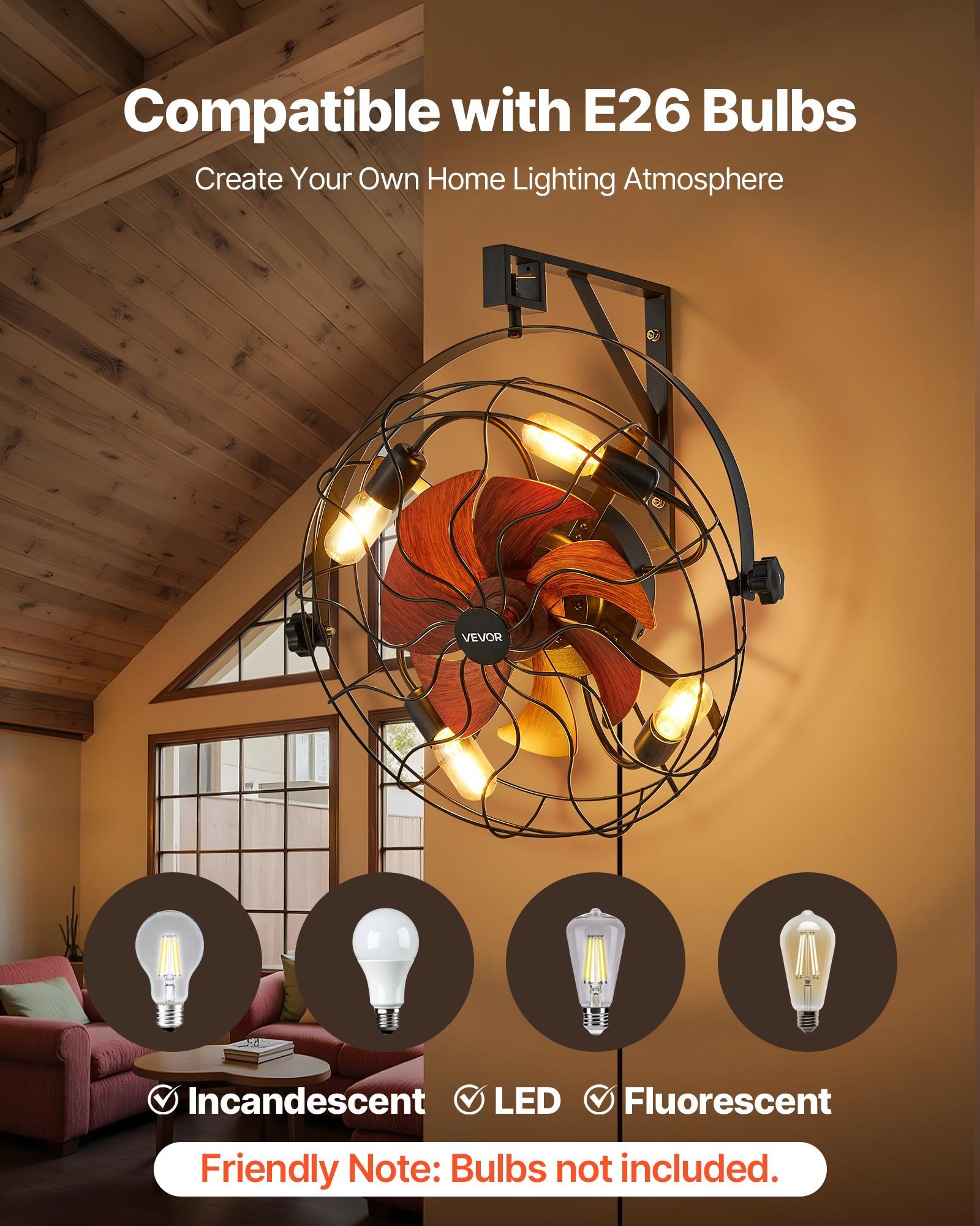 Wall Mounted Fan With Lights, 21 Inch Wall Mount Fan With Remote, 6 Speeds Plug In Wall Fan, Timer, 360 Adjustable Tilt For Bedroom,Garage,Workshop Compatible 4 E26 Bulb Sockets,No Bulb - Image 4