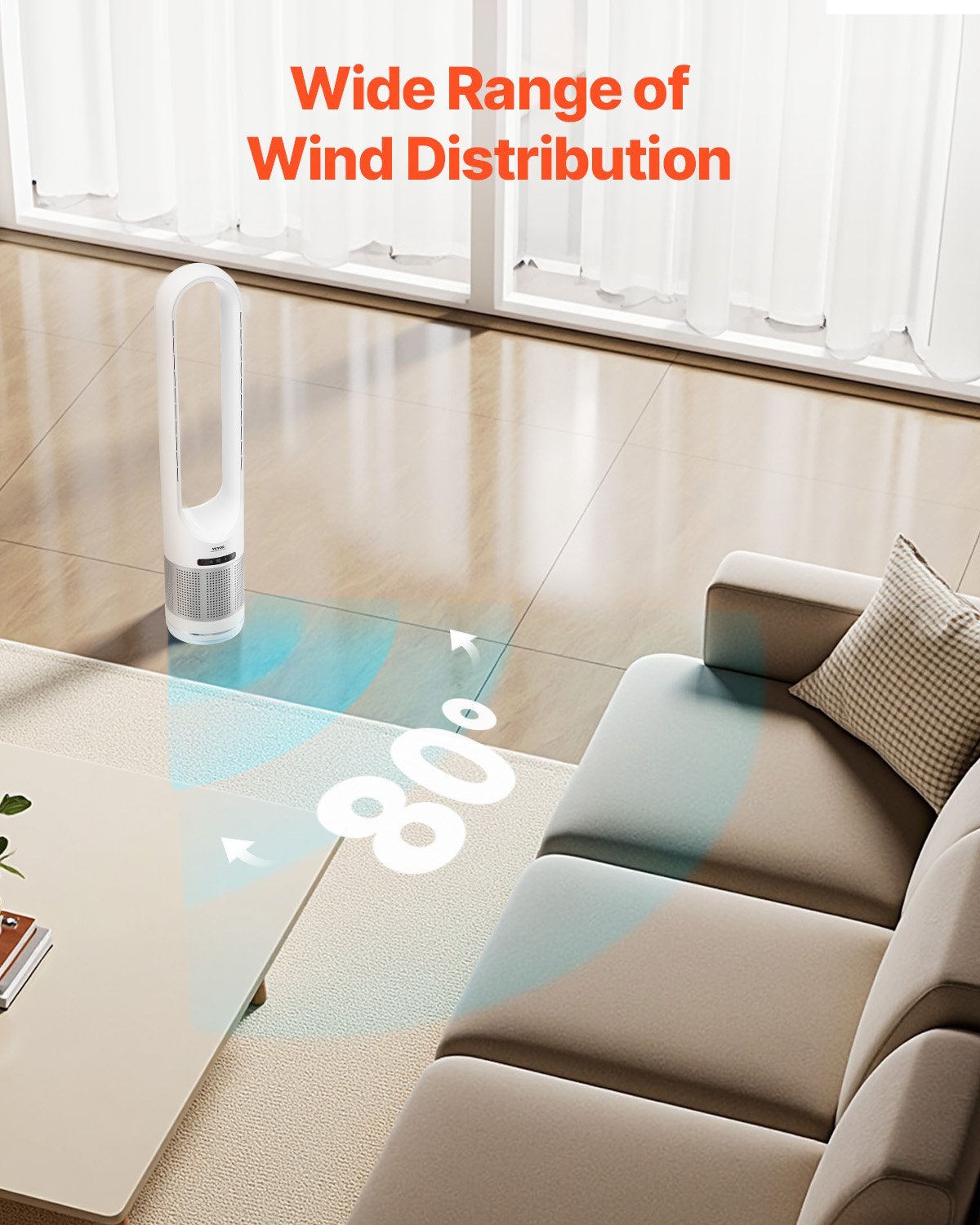 Tower Fan Bladeless, 15.4ft/s Velocity Floor Fan That Blows Cold Air, 80° Oscillating 8-Speed Fans, 8H Timer, Standing Fans With H13 HEPA Filtration, Remote Control & Air Purification Mode - Image 5