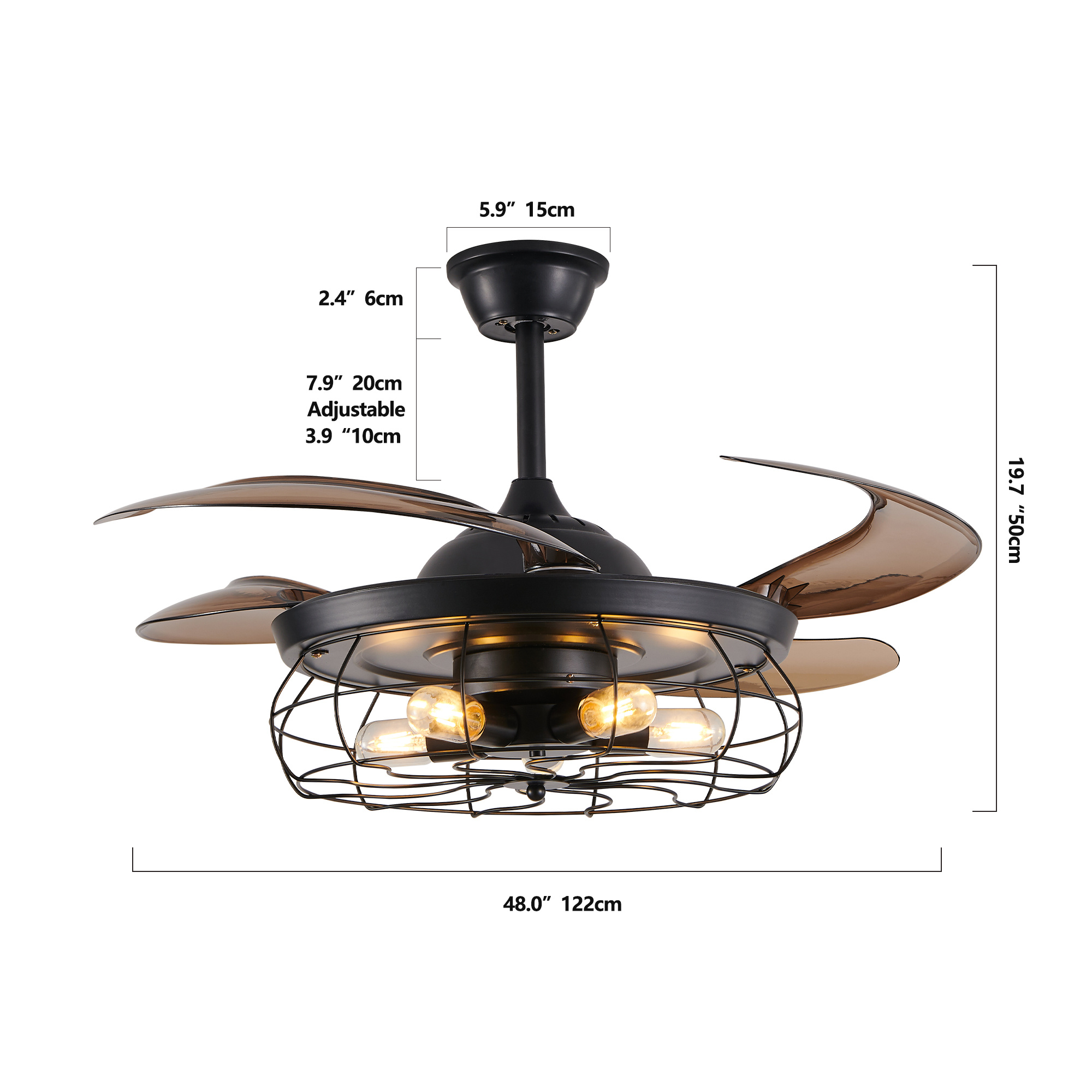 48 Black Remote Control Ceiling Fan Light Industrial 4-Blade Fan With Cage Design And Adjustable Speed For Living Room, Bedroom, Or Office Silent 6-Speed Reversible DC Motor Bulb Not Included - Image 7