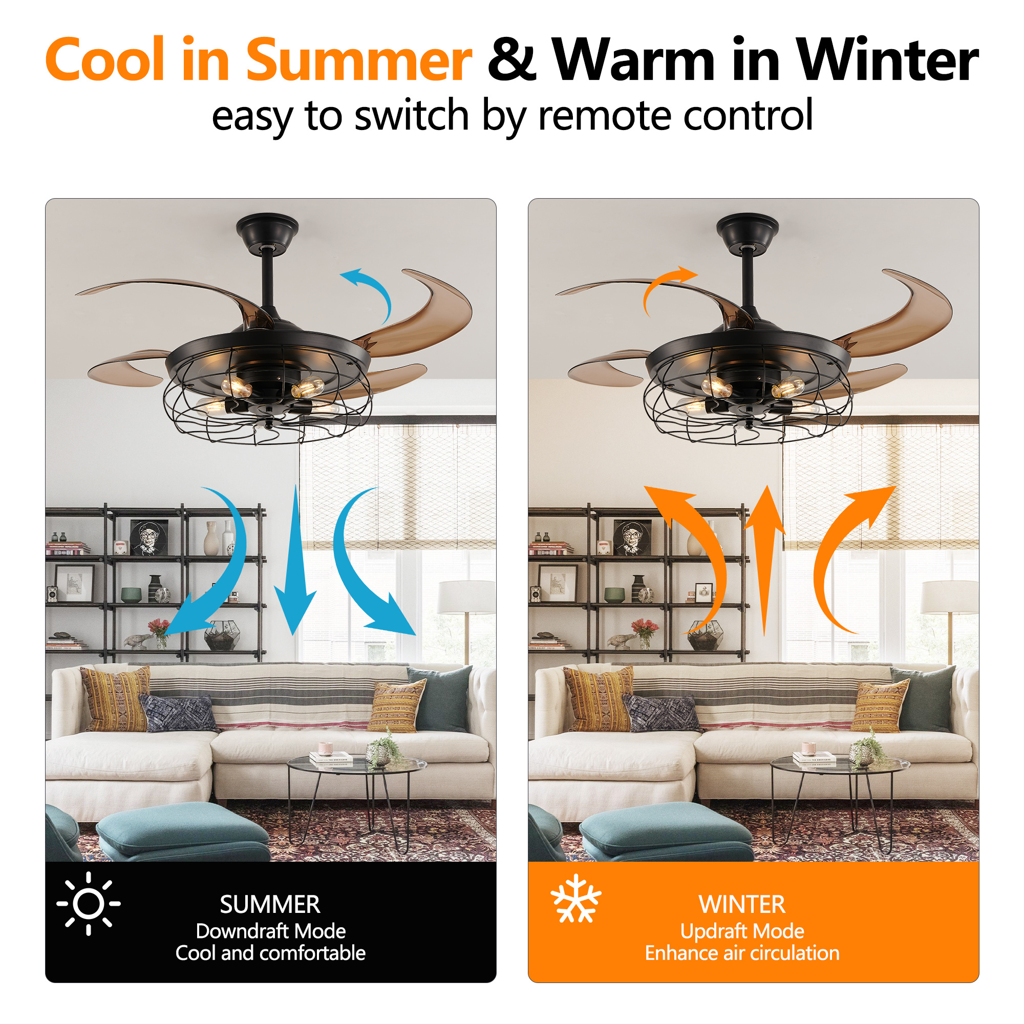 48 Black Remote Control Ceiling Fan Light Industrial 4-Blade Fan With Cage Design And Adjustable Speed For Living Room, Bedroom, Or Office Silent 6-Speed Reversible DC Motor Bulb Not Included - Image 4
