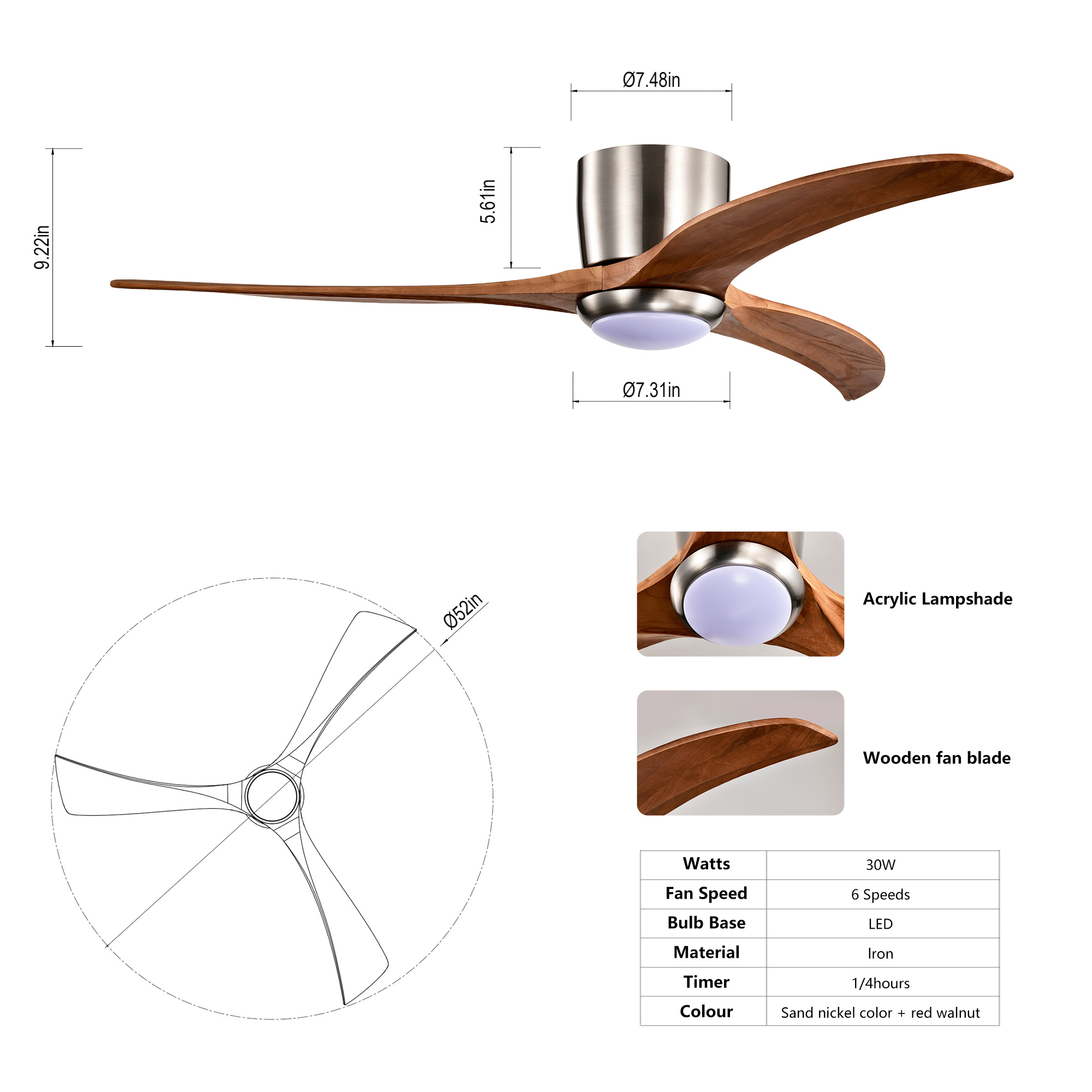 52 Inches Recessed Ceiling Fan Solid Wood Blade Ceiling Fan With Light Strip Remote Control, Noiseless Reversible Motor, 6 Speed, Suitable For Patio Living Room, Bedroom, Indoor, Nickel Color - Image 9
