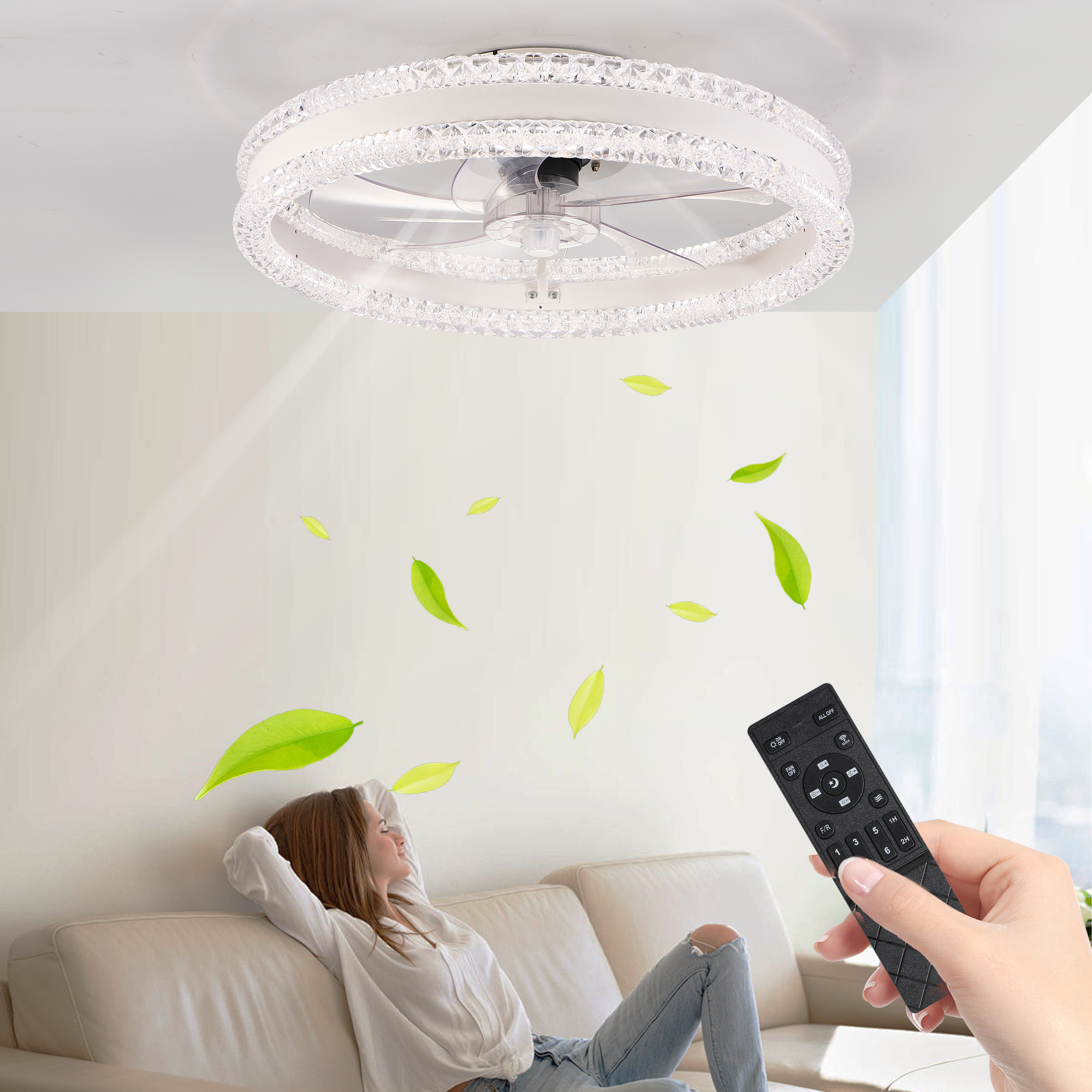 20 Luxury Double Ring LED Ceiling Fan With Light Modern Flush Mount Design, Hidden Blades, Dimmable Lighting & Remote Control, Low Profile Silent Fan For Bedroom, Living Room White - Image 6