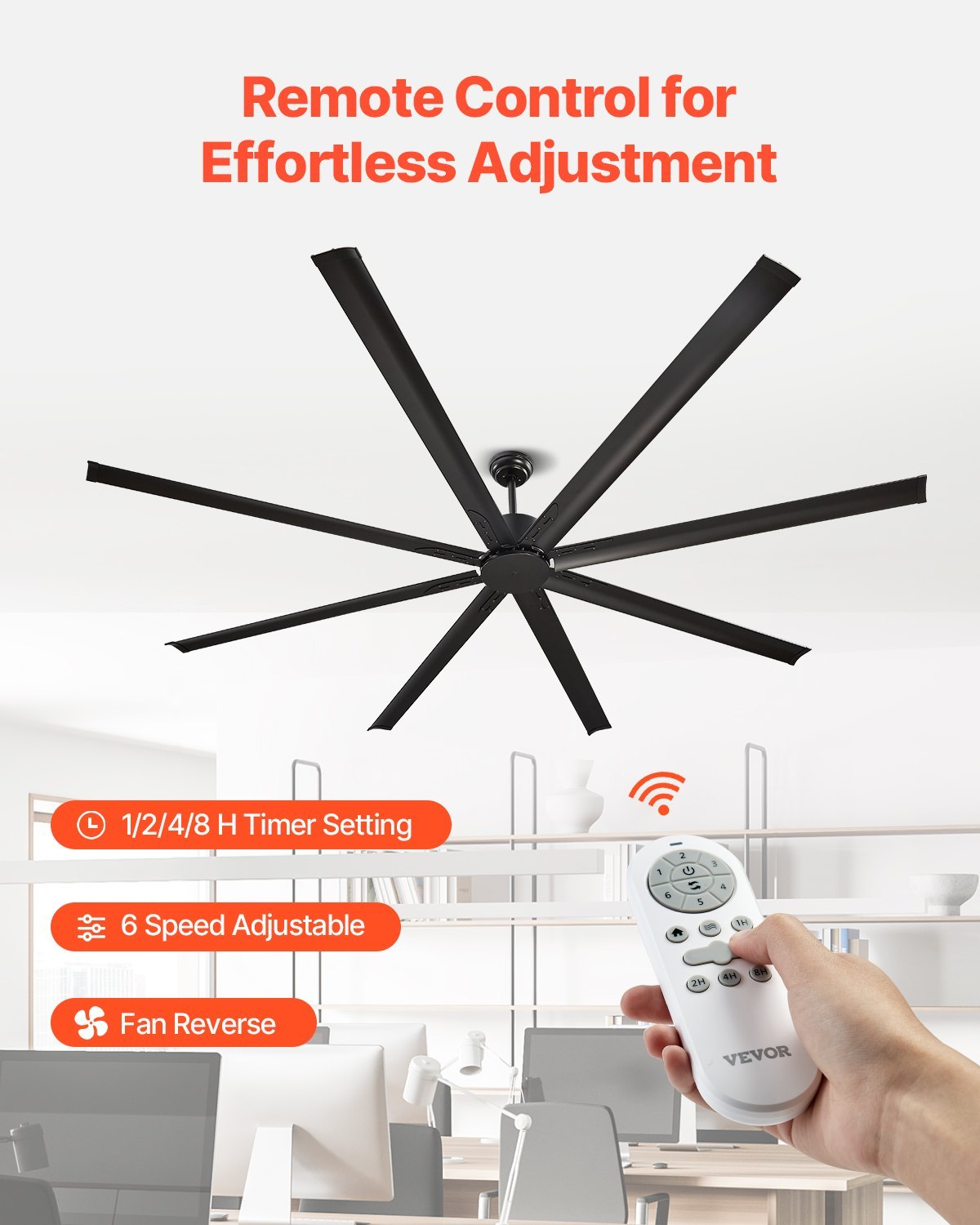 96 In Ceiling Fan Without Light, 6-Speed Remote Control, Aluminum 8-Blade, Reversible DC Motor, Modern Low Profile Flush Mount Exterior Fan For Bedroom, Living Room, Patio, Indoor/Outdoor, Black - Image 5