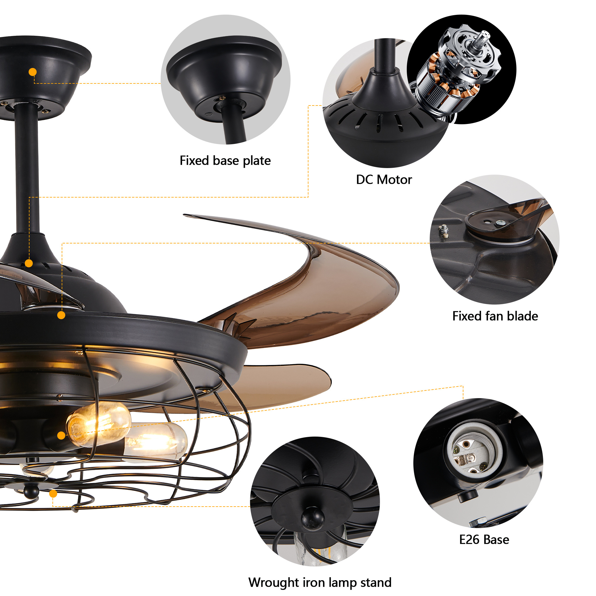 48 Black Remote Control Ceiling Fan Light Industrial 4-Blade Fan With Cage Design And Adjustable Speed For Living Room, Bedroom, Or Office Silent 6-Speed Reversible DC Motor Bulb Not Included - Image 10