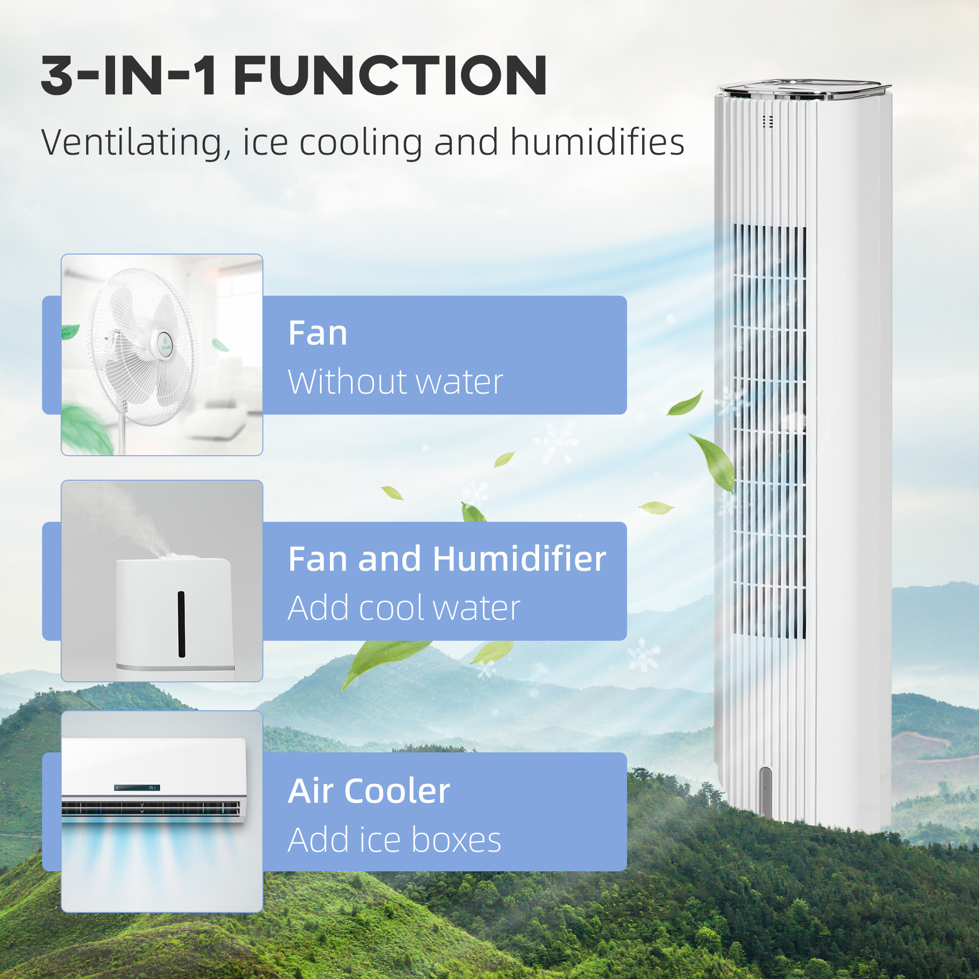 42" 3-In-1 Evaporative Air Cooler With Water Tank, Ice Cooling Fan With Humidifier, 52° Oscillating Portable Swamp Cooler For Home Office, 3 Modes, 3 Speeds, 12H Timer, Remote, White - Image 3