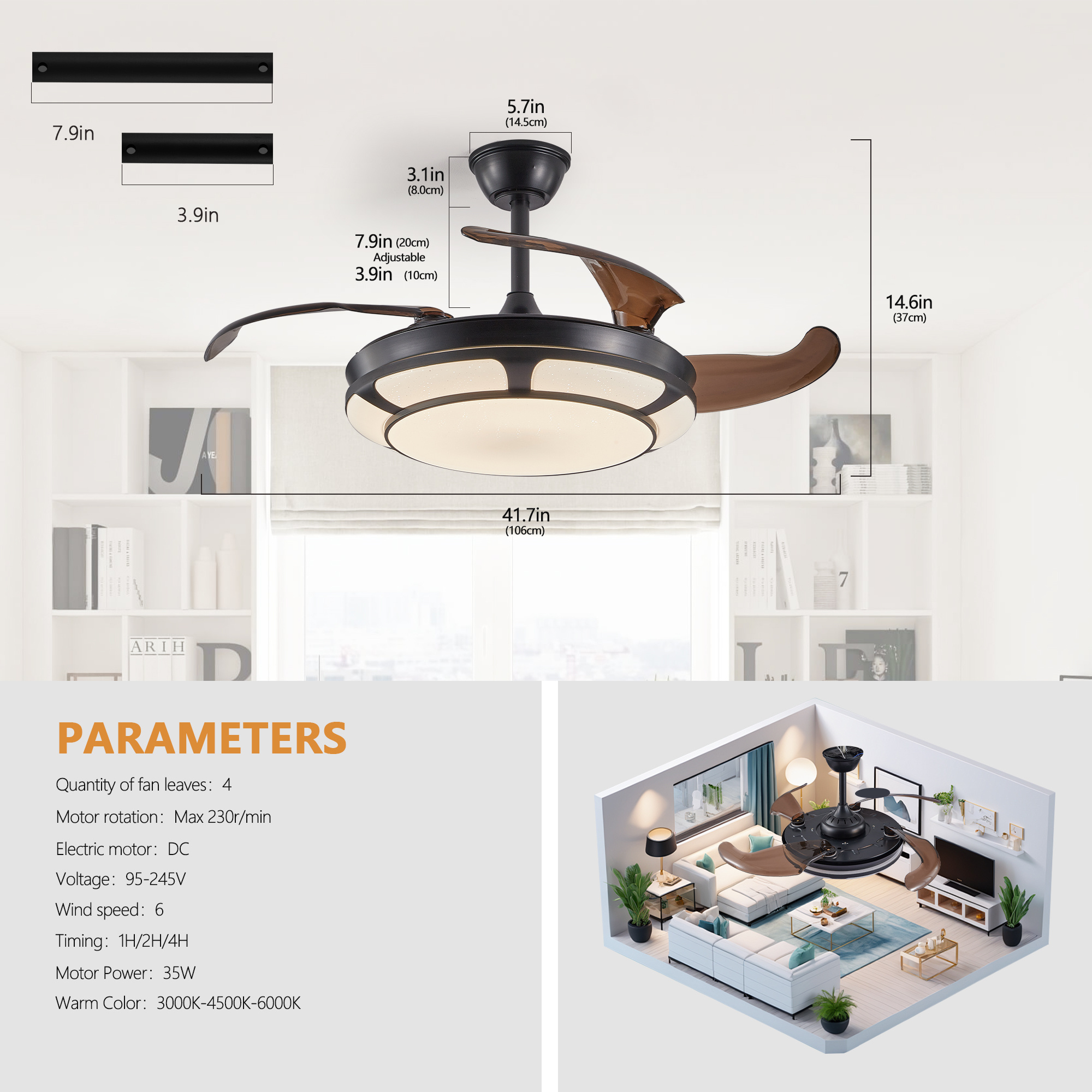 42 Retractable Ceiling Fan With Light, Modern LED Chandelier Fan With Remote Control, 6 Speed Adjustable Blades, Quiet DC Motor, Dimmable Lighting For Living Room, Bedroom, Dining Room - Image 6