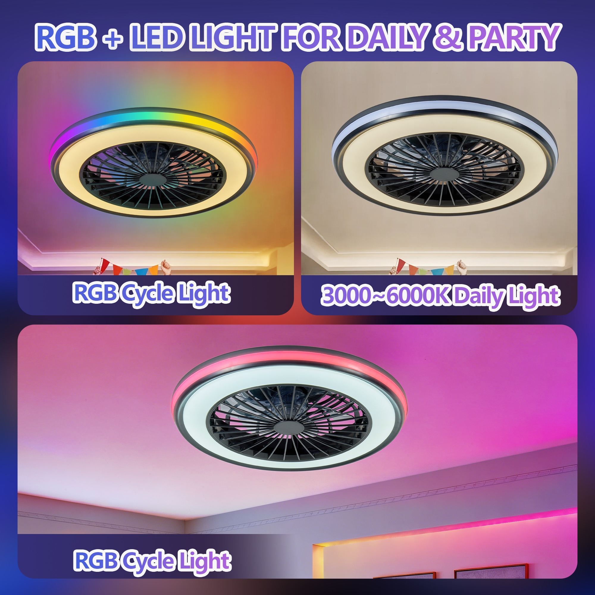 Modern LED Ceiling Light With Fan, RGB Ceiling Fan Lights, Infinitely Dimmable Light ForLiving Room, Bedroom, Office, 3000-4500-6000 K Black & 20 & RGB - Image 10