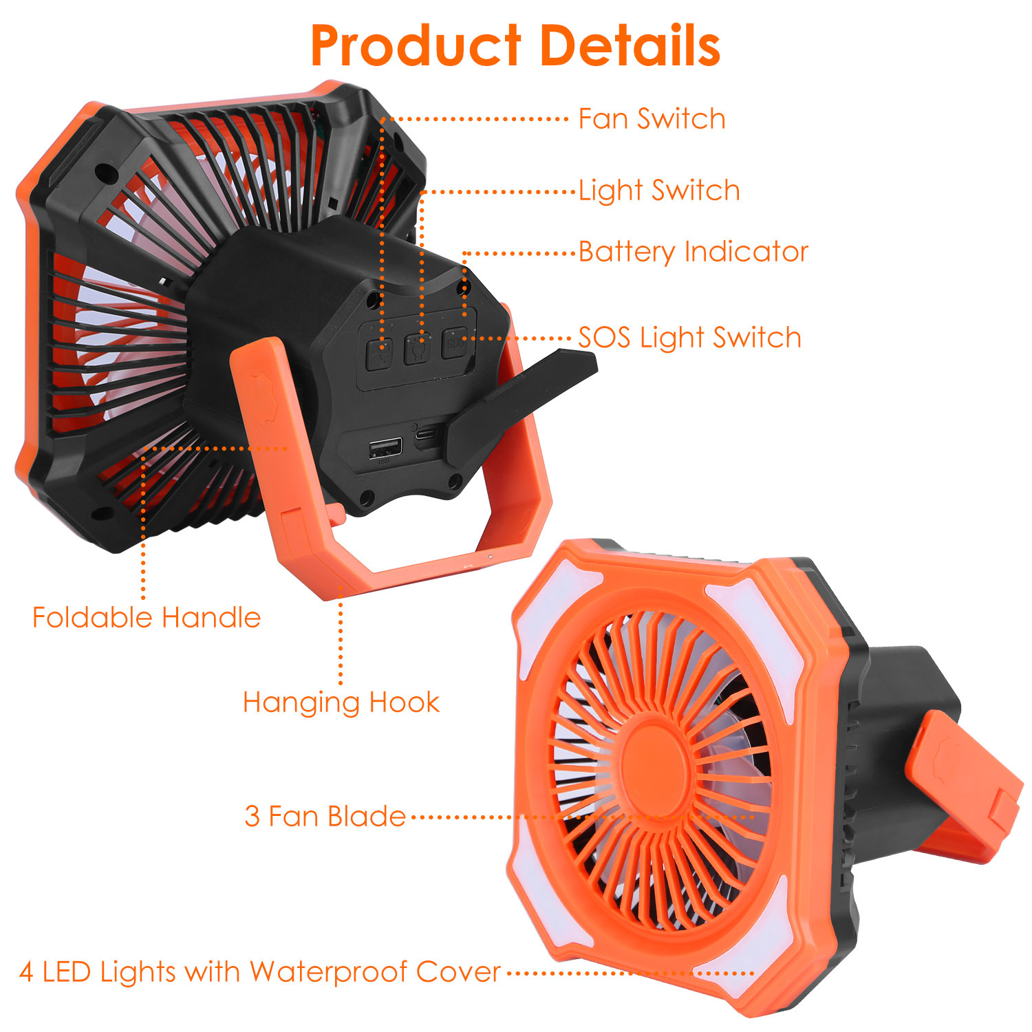 Portable Camping Lantern Fan Battery Powered Hanging Fan USB Rechargeable Tent Fan With 4 Light Modes 3 Wind Modes Emergency Power Bank Remote Control Hanging Hook - Image 3
