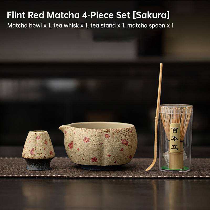 2-8PCS Japanese Flint Red Matcha Set: Bamboo Whisk, Bowl, Box – Exquisite Tea Tools Gift - Image 2