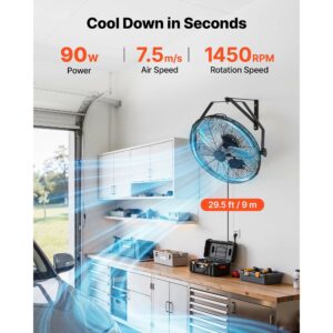 Wall Mount Fan, 18 In Wall Mounted Hanging Fan With IP44-rated Protection, 3-Speed, Long Airflow Distance, Adjustable Rotation Angle, Powerful For Industry, Commercial, Garage, Workshop