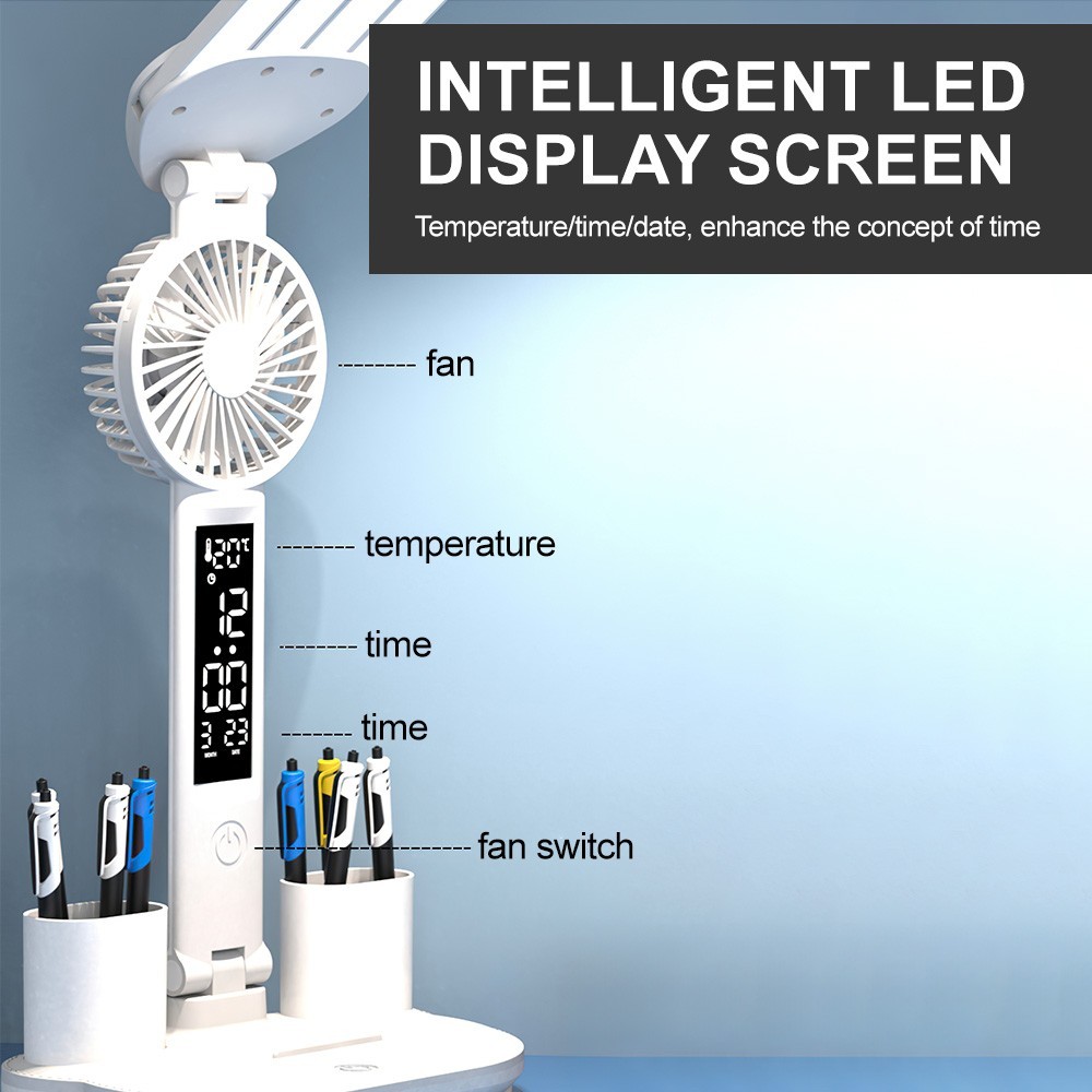 4-Head LED Desk Reading Lamp With Fan Clock Dimmable Rechargeable Touch Light - Image 2