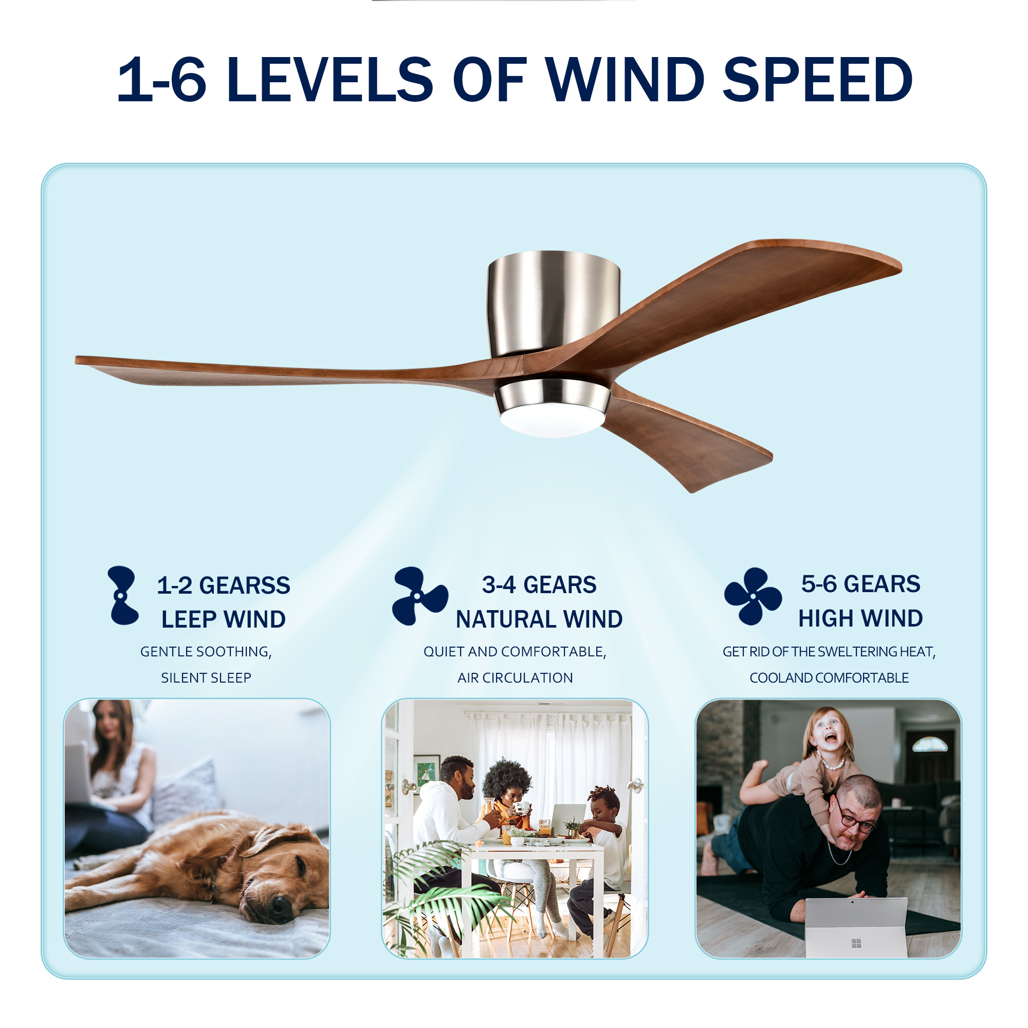 Ceiling Fan With Lights Remote Control,Quiet DC Motor 3 Wood Blade Ceiling Fans 6 Speed Levels,Reversible Ceiling Fan, For Patio Living Room, Bedroom, Office,Indoor. Stain Nickel Walnut - Image 8