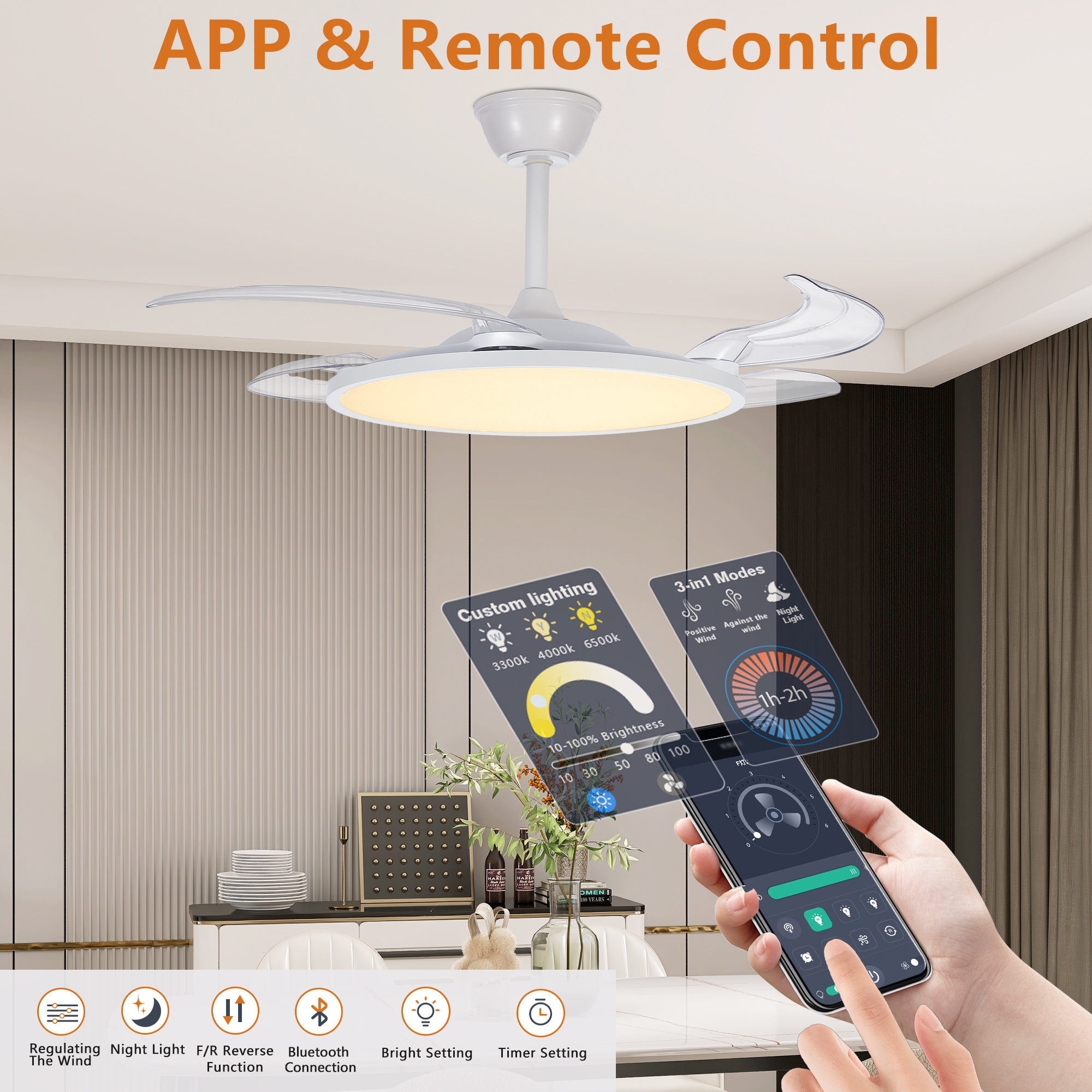 Retractable Ceiling Fans With Lights,42 Inch Ceiling Fan With Light And Remote Control,Flush Mount,DC Reversible,3CCT,Low Noise,White Ceiling Fan For Bedroom,Living Room,Kitchen,Indoor - Image 9