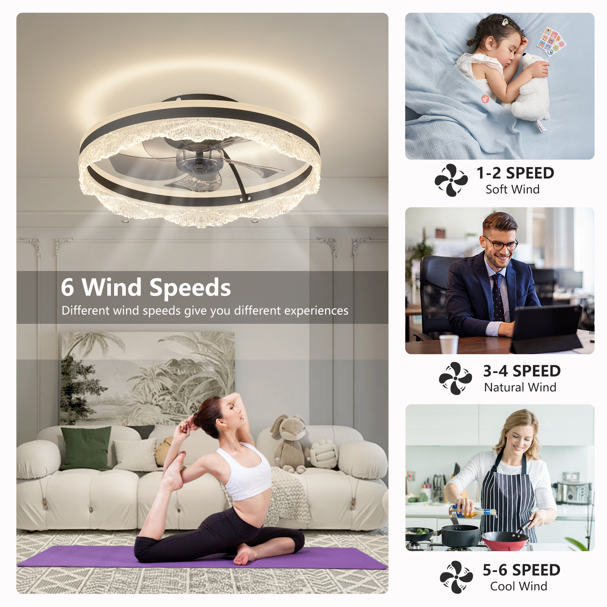 20 Smart Silent Ceiling Fan With Light Crystal Flush Mount LED Fan Lamp With Hidden Blades And Natural Airflow System, Designed For Bedroom, Kids' Room And Study - Image 8