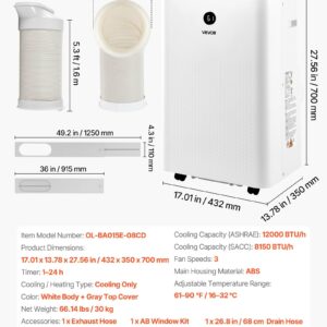 Portable Air Conditioner, 12000 BTU ASHRAE (8150 BTU SACC) 4-in-1 Standing Cooling Ac Unit, LED Touch Panel & Remote Control, 24h Timer, Cooling, Dehumidifier, Fan, Sleep Mode For Room Indoor