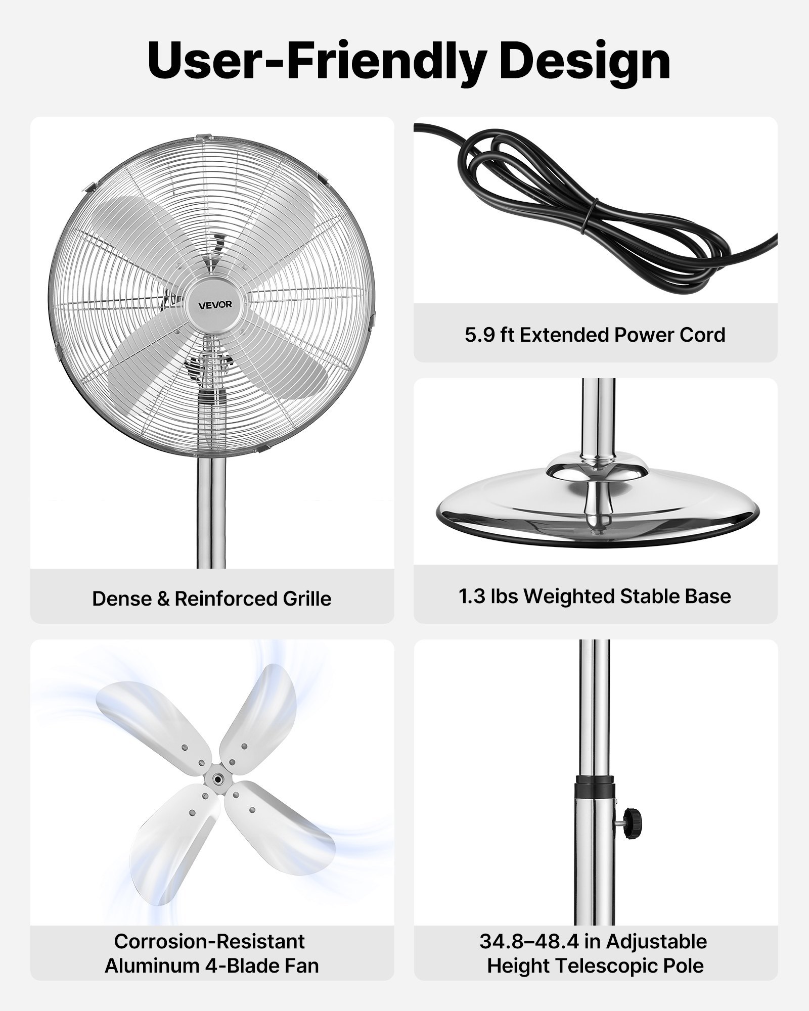 16-Inch High Velocity Pedestal Fan, 1450 CFM Industrial Standing Floor Fan With Handle, 75° Oscillating, 3-Speed Adjustable Height, Metal Made For Commercial, Garage, Workshop, Home, Silver - Image 5