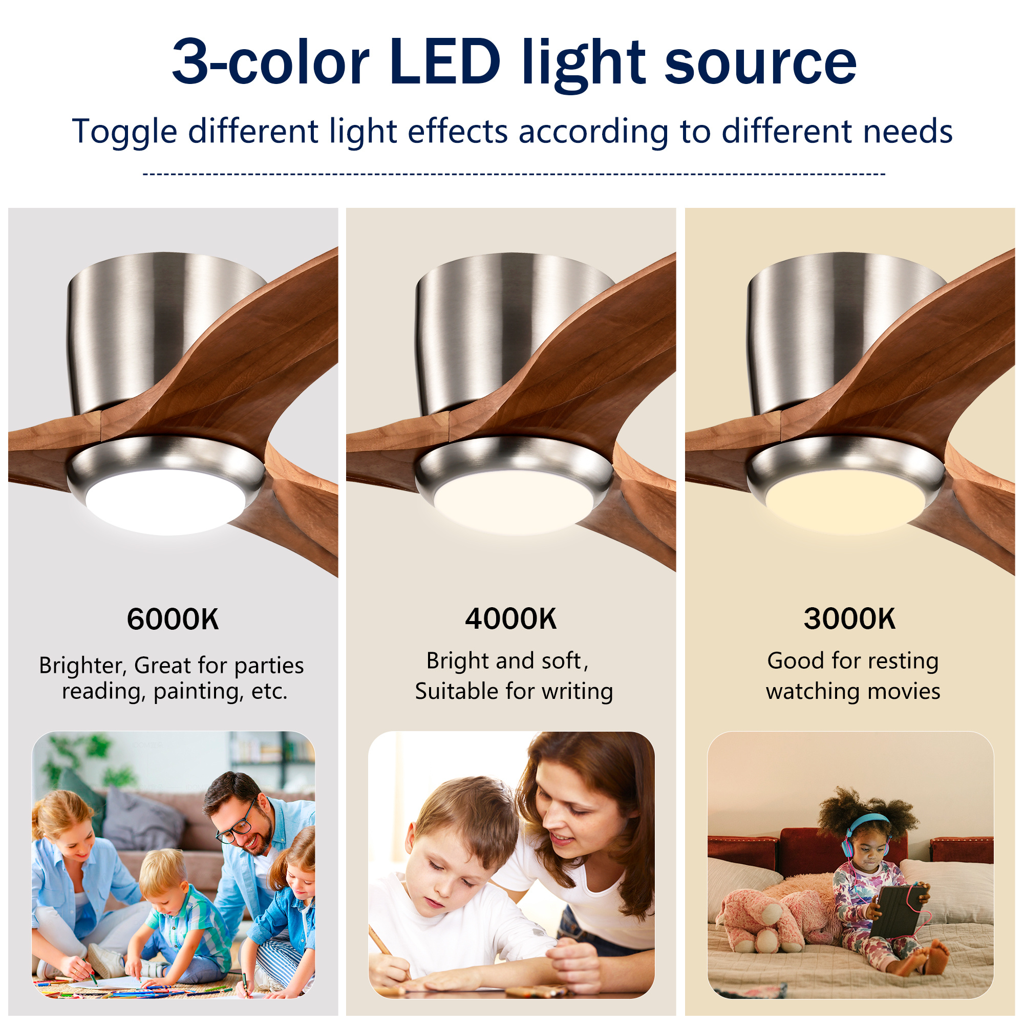 52 Inches Recessed Ceiling Fan Solid Wood Blade Ceiling Fan With Light Strip Remote Control, Noiseless Reversible Motor, 6 Speed, Suitable For Patio Living Room, Bedroom, Indoor, Nickel Color - Image 3