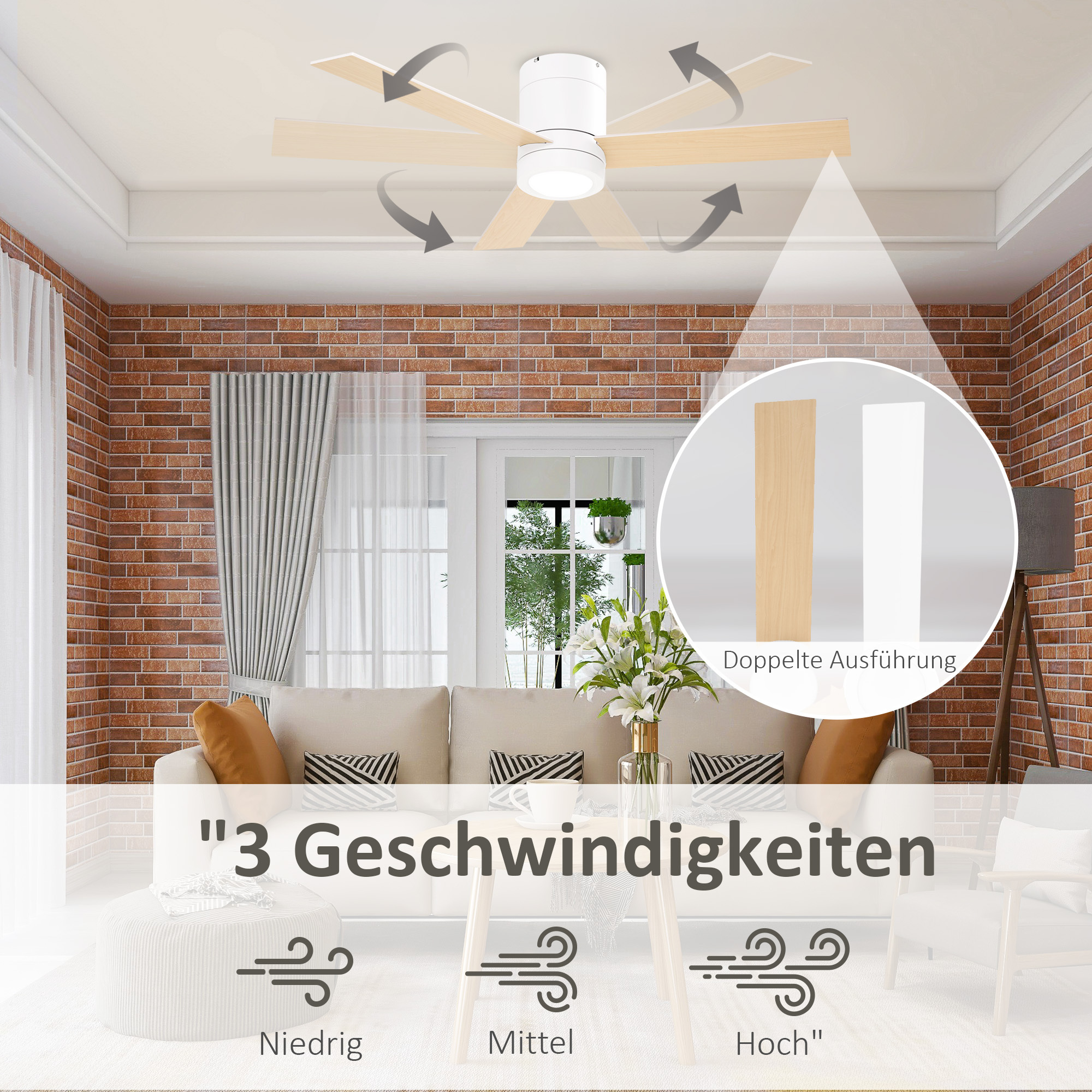 Deckenventilator Mit LED-Licht, 2-in-1 Design, Mit Timer, Fernbedienung, Deckenlampe Mit Ventilator, Weiß+Naturholz - Image 4