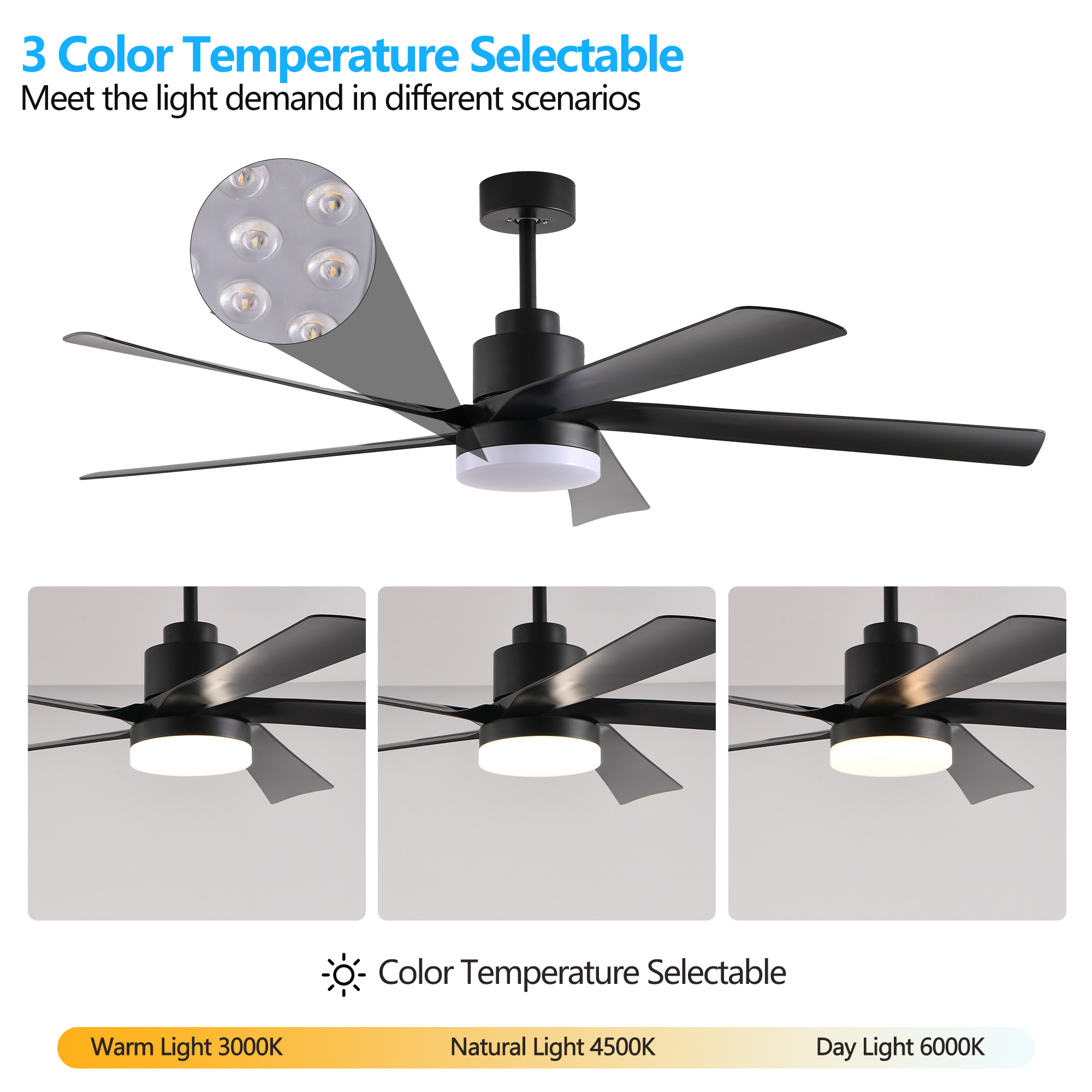 65 Inch Black Ceiling Fan With Light, 5-Blade Dimmable LED Ceiling Fan With Remote Control, Modern Quiet Design For Living Room And Bedroom Silent 6-Speed Reversible DC Motor - Image 9