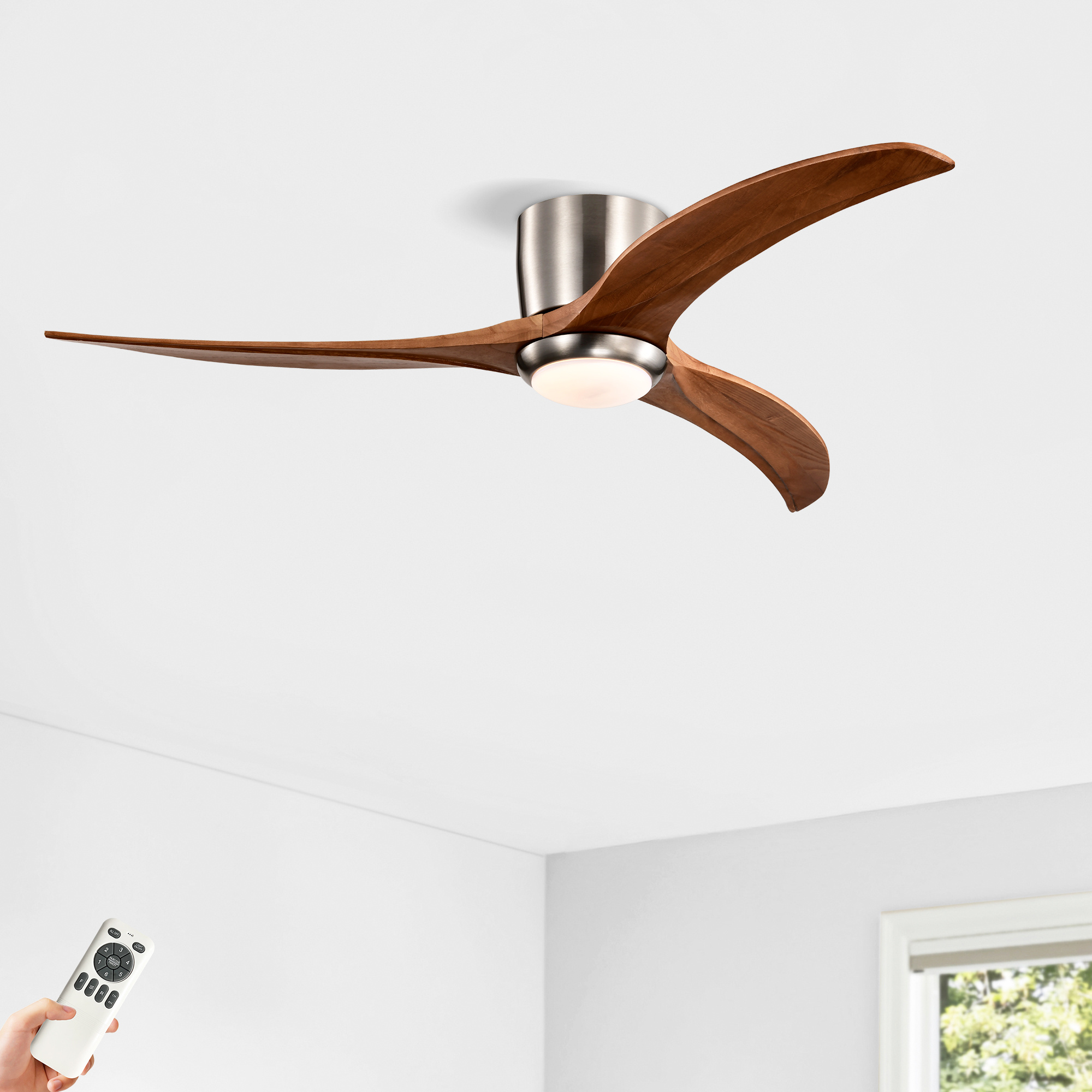 52 Inches Recessed Ceiling Fan Solid Wood Blade Ceiling Fan With Light Strip Remote Control, Noiseless Reversible Motor, 6 Speed, Suitable For Patio Living Room, Bedroom, Indoor, Nickel Color - Image 2