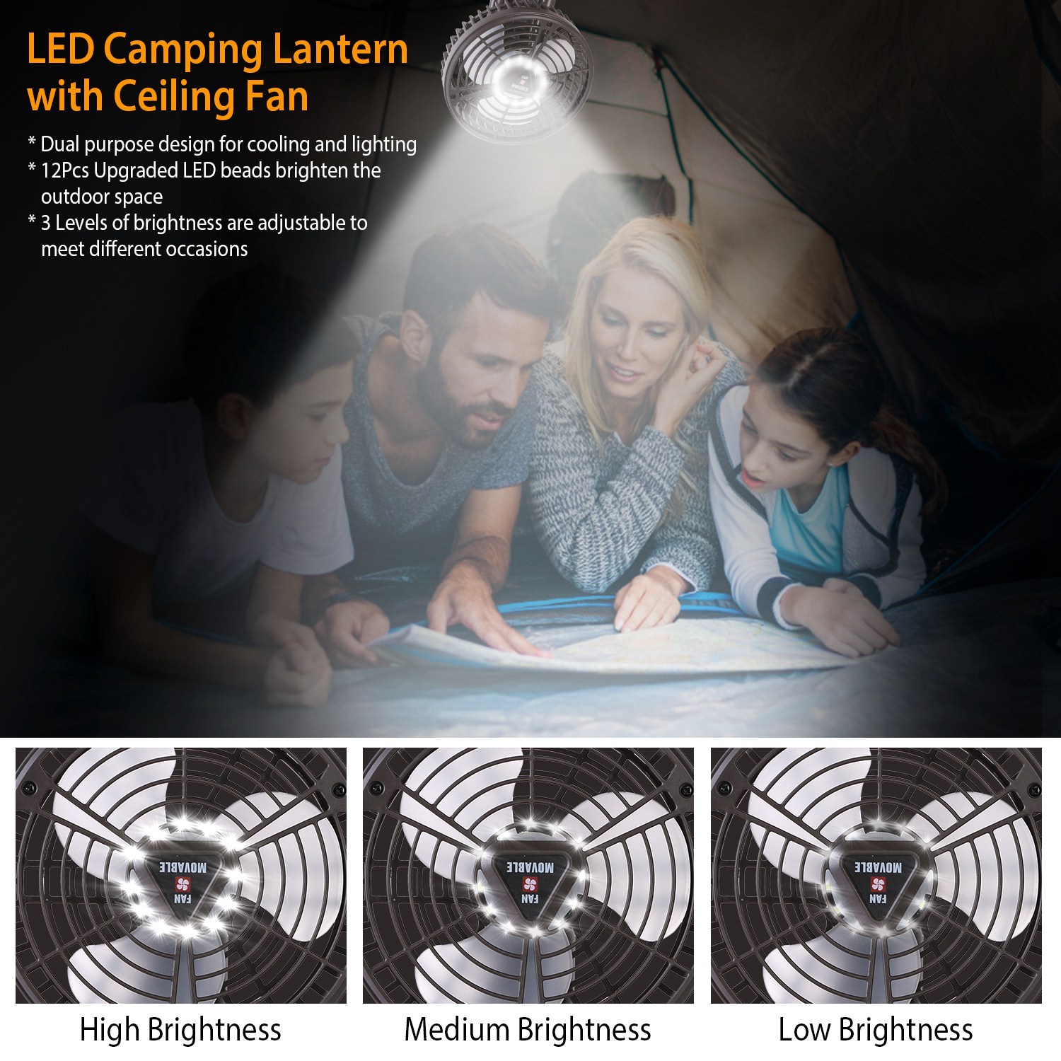 1Pc 10400mah Portable Camping Fan With LED Light Rechargeable Tripod Tent Hanging Fan Lantern Portable Foldable Oscillating Table Fan With 3 Brightness 4 Speeds - Image 8