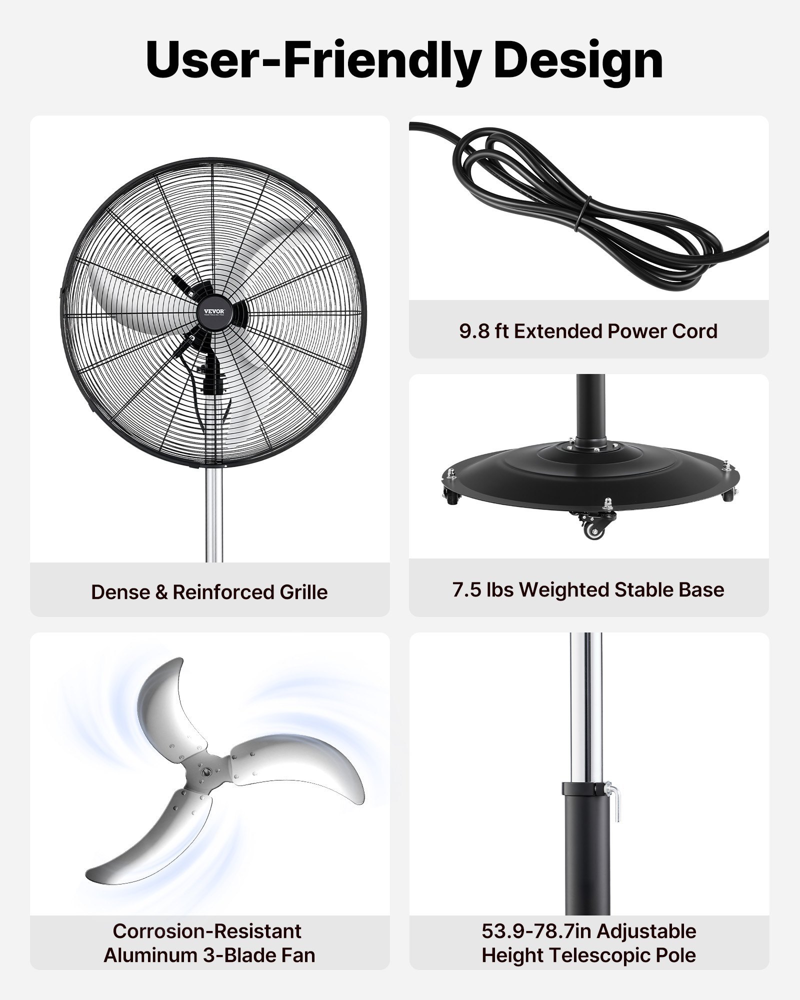 24-Inch High Velocity Pedestal Fan, 6800 CFM Industrial Standing Floor Fan With 85° Oscillating, 3-Speed Adjustable Height, IP44 Waterproof, Carbon Steel For Commercial, Garage, Workshop, Black - Image 5