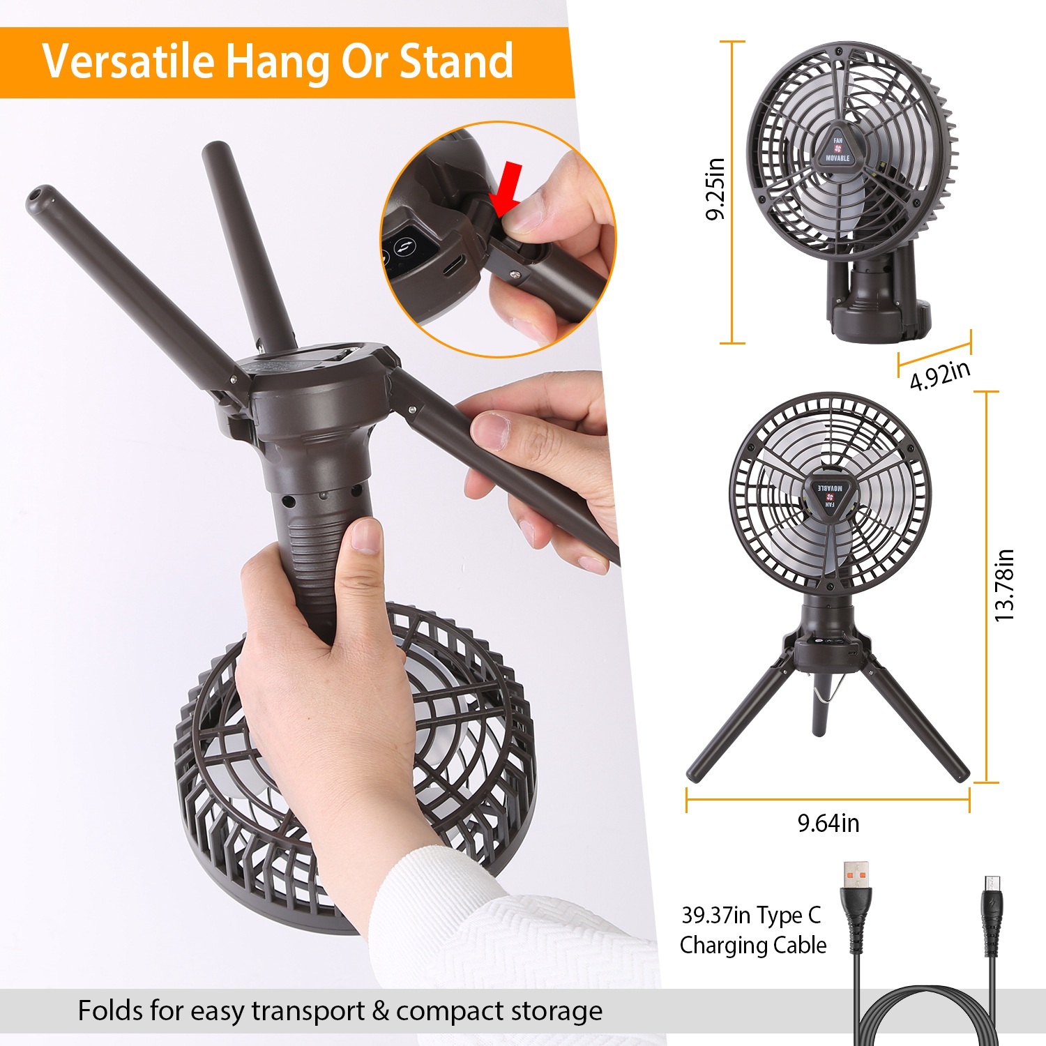 1Pc 10400mah Portable Camping Fan With LED Light Rechargeable Tripod Tent Hanging Fan Lantern Portable Foldable Oscillating Table Fan With 3 Brightness 4 Speeds - Image 10