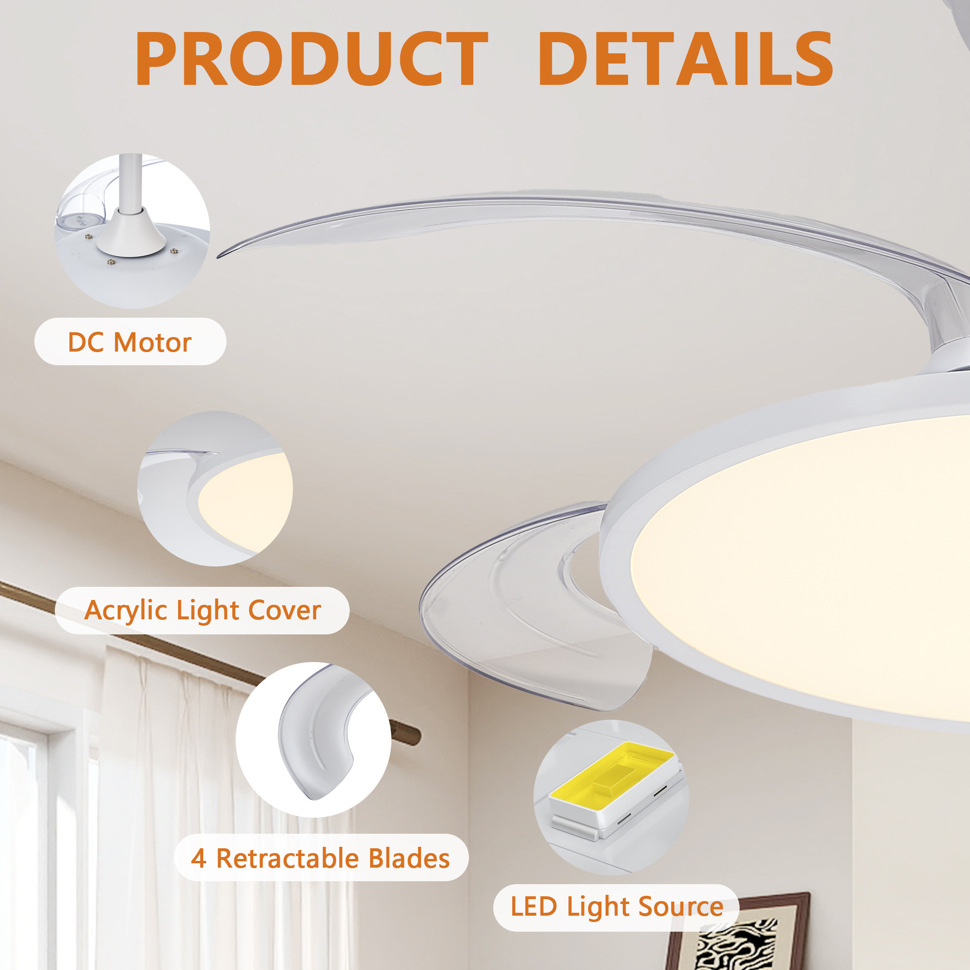 Retractable Ceiling Fans With Lights,42 Inch Ceiling Fan With Light And Remote Control,Flush Mount,DC Reversible,3CCT,Low Noise,White Ceiling Fan For Bedroom,Living Room,Kitchen,Indoor - Image 10