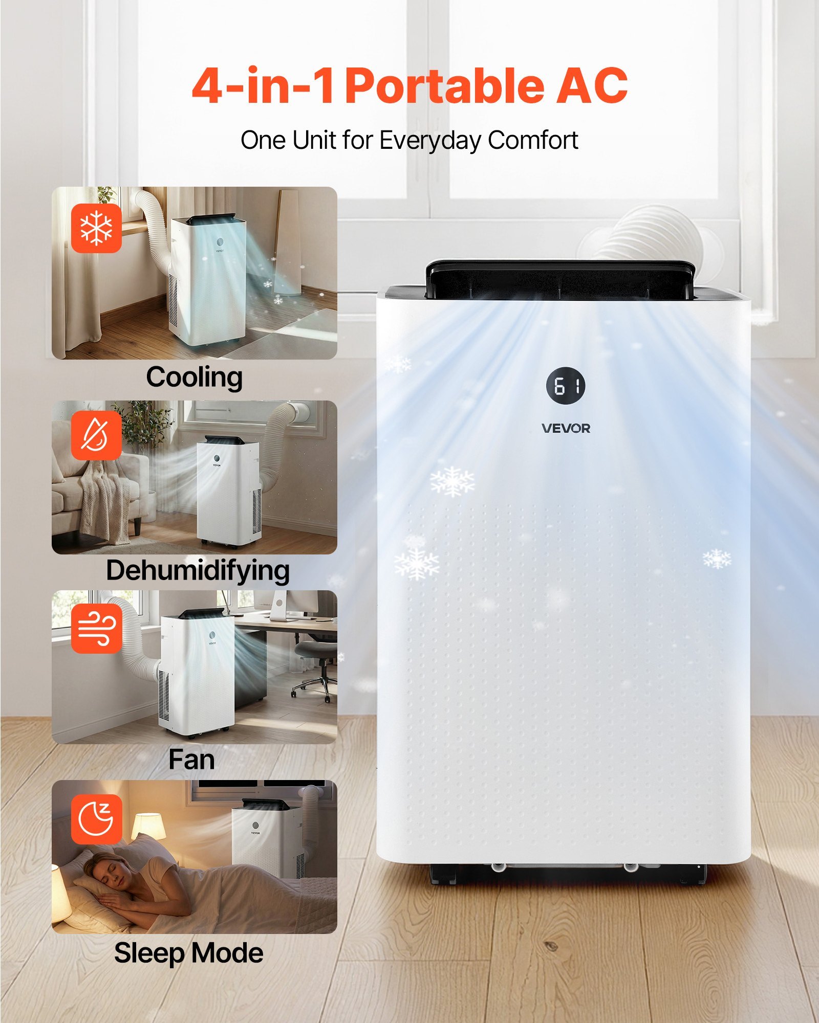 Portable Air Conditioner, 12000 BTU ASHRAE (8150 BTU SACC) 4-in-1 Standing Cooling Ac Unit, LED Touch Panel & Remote Control, 24h Timer, Cooling, Dehumidifier, Fan, Sleep Mode For Room Indoor - Image 2