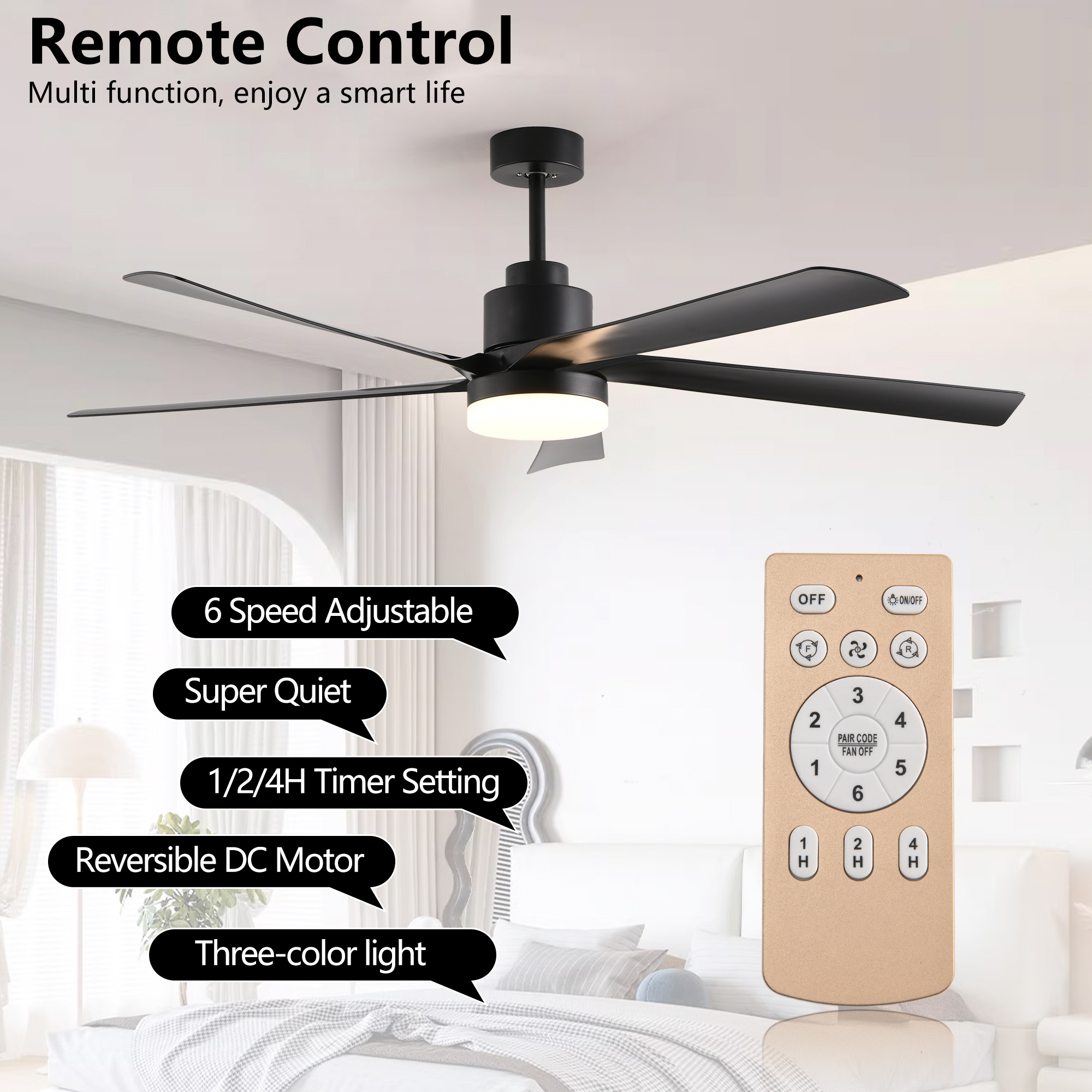 65 Inch Black Ceiling Fan With Light, 5-Blade Dimmable LED Ceiling Fan With Remote Control, Modern Quiet Design For Living Room And Bedroom Silent 6-Speed Reversible DC Motor - Image 8