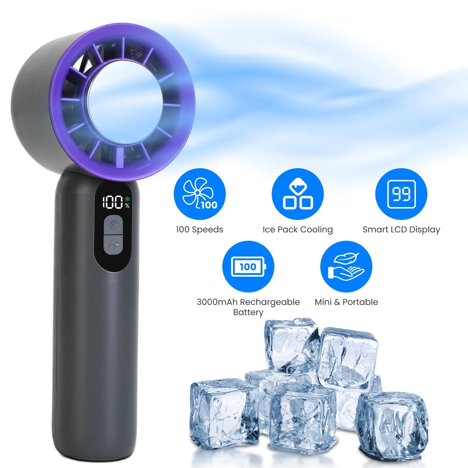 Speed Handheld Fan With Ice Cooler High Speed Turbo Fan 3000mAh Rechargeable Hand Fan With LCD Display For Travel Camping Beach Outdoor