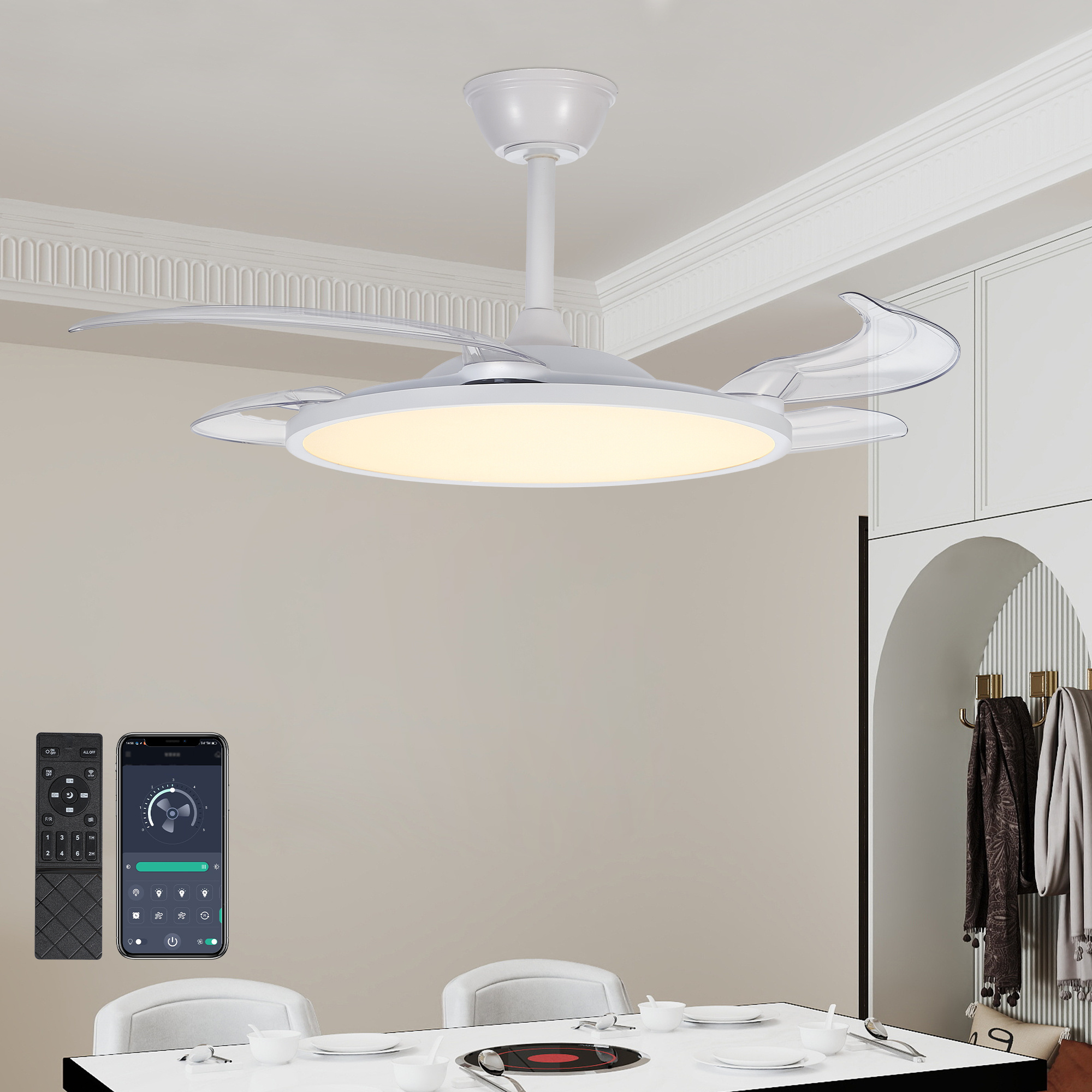 Retractable Ceiling Fans With Lights,42 Inch Ceiling Fan With Light And Remote Control,Flush Mount,DC Reversible,3CCT,Low Noise,White Ceiling Fan For Bedroom,Living Room,Kitchen,Indoor - Image 8