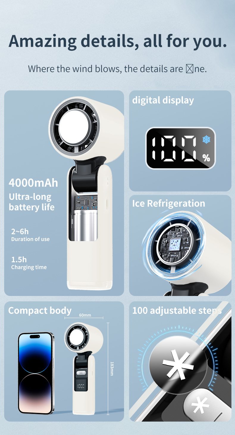 Portable Handheld Fan, Speed Adjustable Turbo Mini Fan, Reduced Temperature Mode, Rechargeable Digital Display Foldable Personal Fan With Night Light, Suitable For Women Men Outdoor - Image 7