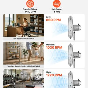 16-Inch High Velocity Pedestal Fan, 1450 CFM Industrial Standing Floor Fan With Handle, 75° Oscillating, 3-Speed Adjustable Height, Metal Made For Commercial, Garage, Workshop, Home, Silver
