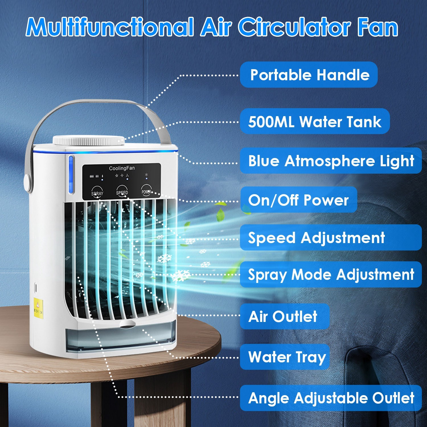 Portable Air Conditioner Fan Evaporative Humidifier 3 Speed Spray Personal Cold Mist Air Cooler Desk Table Fan Water Tank Night Light Adjustable Angel Room Home Office - Image 4
