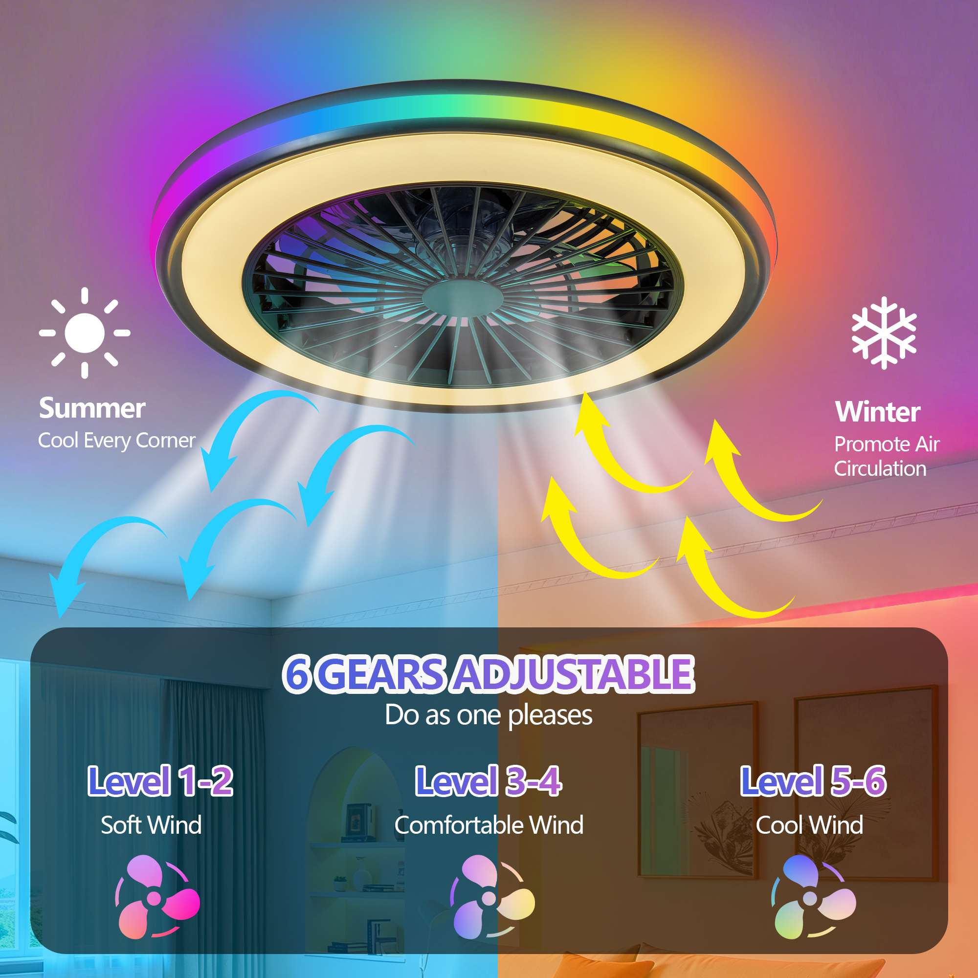 Modern LED Ceiling Light With Fan, RGB Ceiling Fan Lights, Infinitely Dimmable Light ForLiving Room, Bedroom, Office, 3000-4500-6000 K Black & 20 & RGB - Image 2