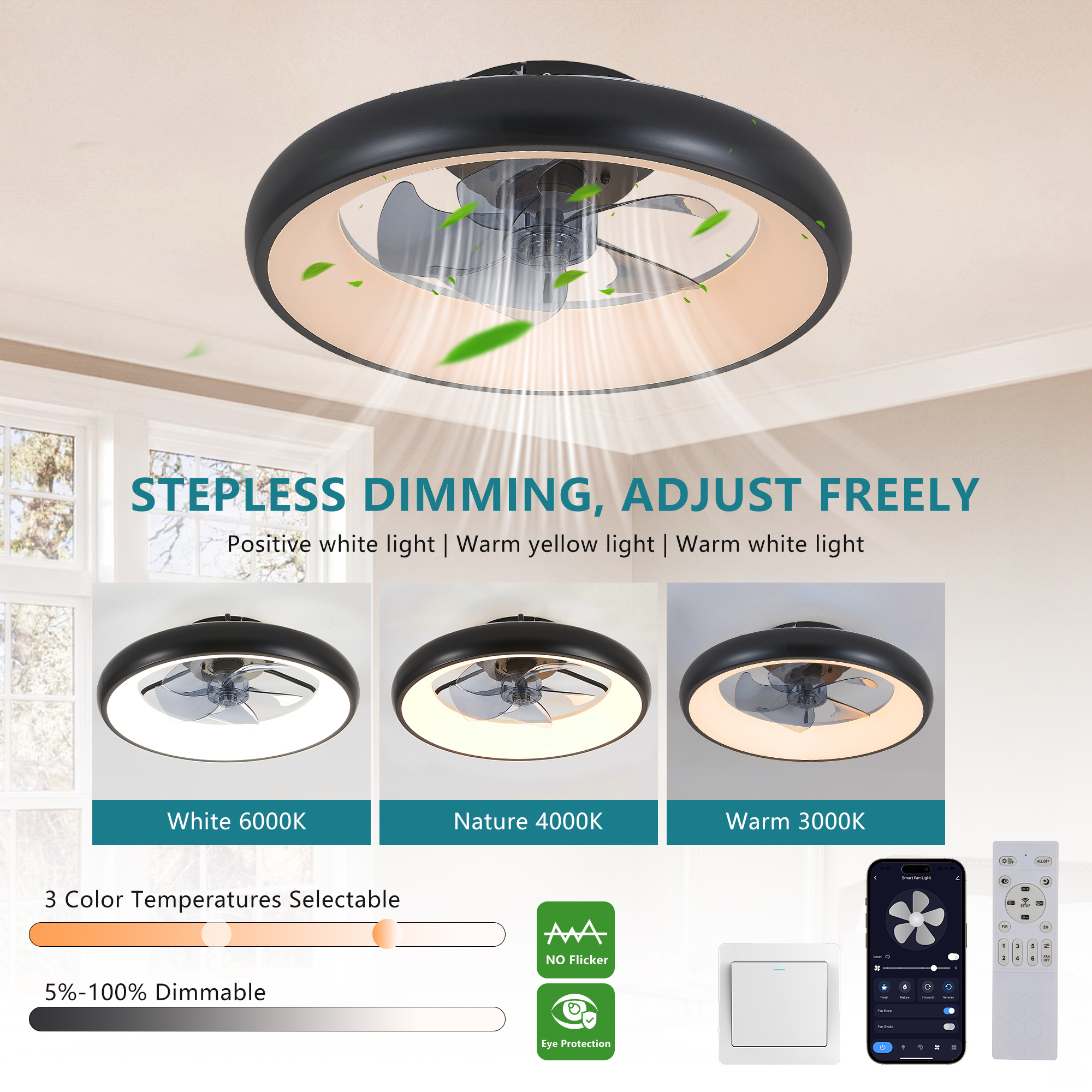20 Black LED Ceiling Fan Light Dimmable Adjustable Color Temperature, APP Remote Control, Modern Smart Ceiling Fan For Living Room, Bedroom, And Dining Room Silent 6-Speed Reversible DC Motor - Image 8