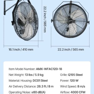 18 Inch Industrial Wall Mount Fan, High Velocity 4000 CFM Indoor Fan With 3 Speeds, Powerful Motor Garage Wall Fan With Aluminum Blades For Workshop, Warehouse, Greenhouse, Commercial