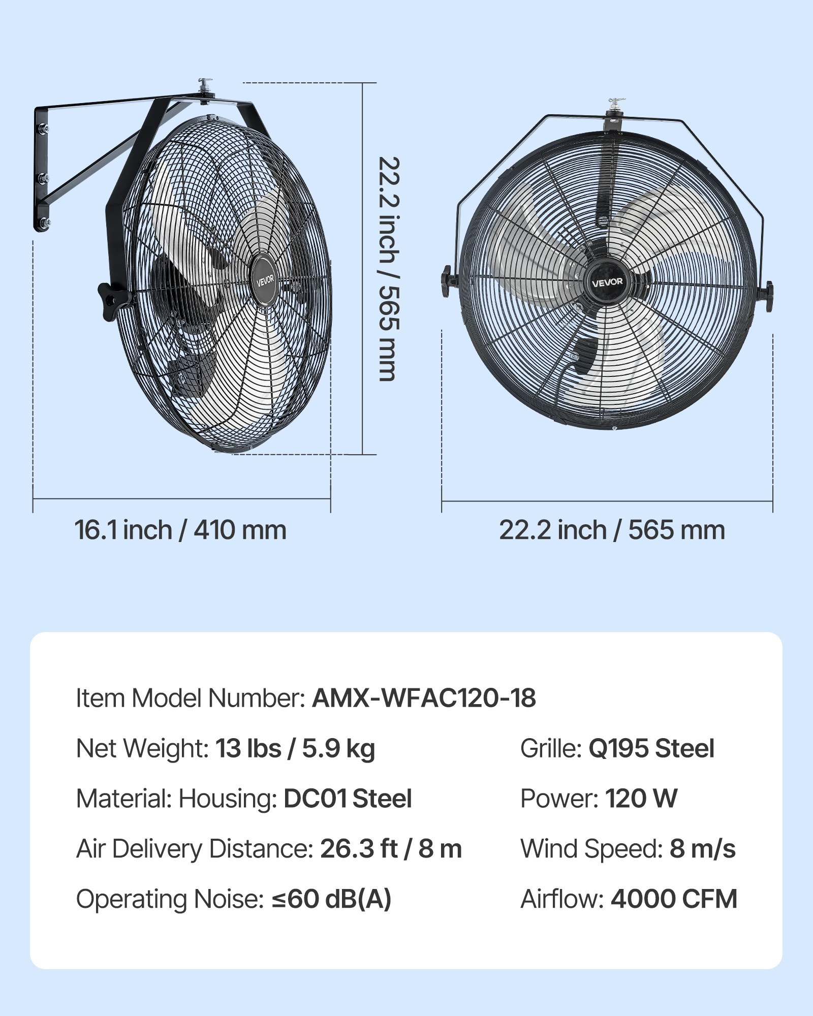 18 Inch Industrial Wall Mount Fan, High Velocity 4000 CFM Indoor Fan With 3 Speeds, Powerful Motor Garage Wall Fan With Aluminum Blades For Workshop, Warehouse, Greenhouse, Commercial