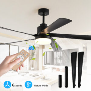 65 Inch Black Ceiling Fan With Light, 5-Blade Dimmable LED Ceiling Fan With Remote Control, Modern Quiet Design For Living Room And Bedroom Silent 6-Speed Reversible DC Motor