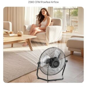 Floor Fan, 3 Speeds High Velocity Heavy Duty 14 Inch Industrial Fan, 2560 CFM 360° Adjustable Tilt 19.69 Ft/sec Airflow Large Metal Fan, For Home, Gym, Office, Garage, Commercial Shop & Bedroom