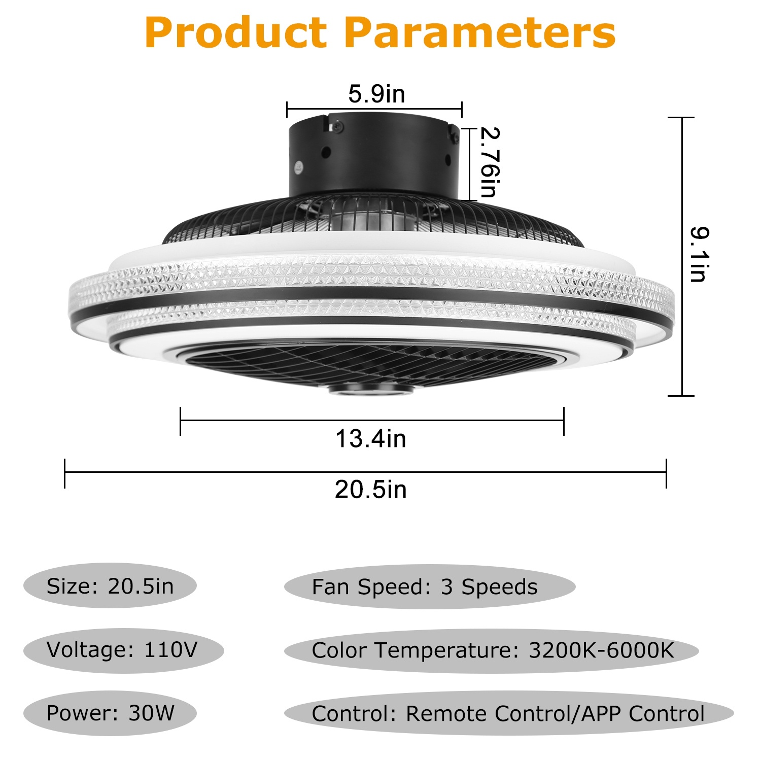 20.5in Ceiling Fan With Light Round Pendant Fan Lamp 30W LED Ceiling Fan With 3-Fan Speed Remote Control Timer APP Control - Image 7