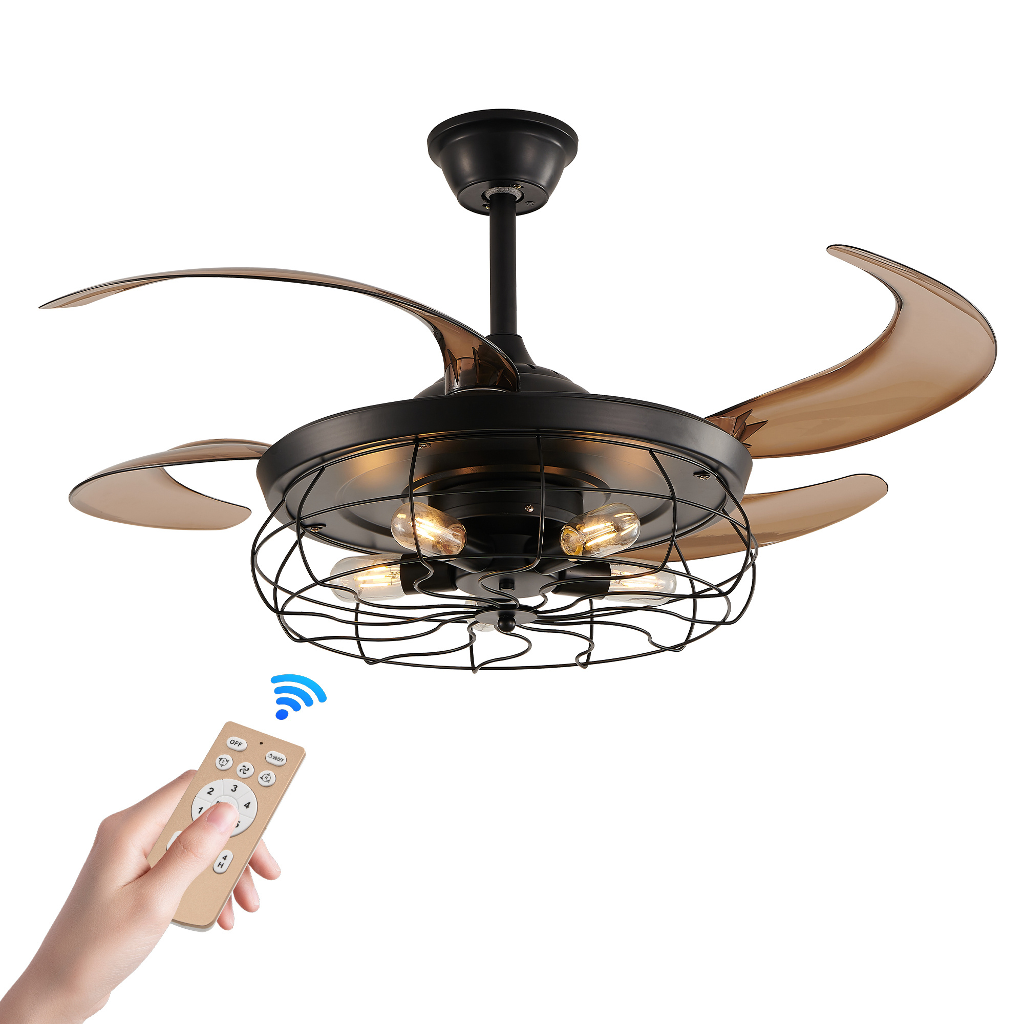 48 Black Remote Control Ceiling Fan Light Industrial 4-Blade Fan With Cage Design And Adjustable Speed For Living Room, Bedroom, Or Office Silent 6-Speed Reversible DC Motor Bulb Not Included - Image 8