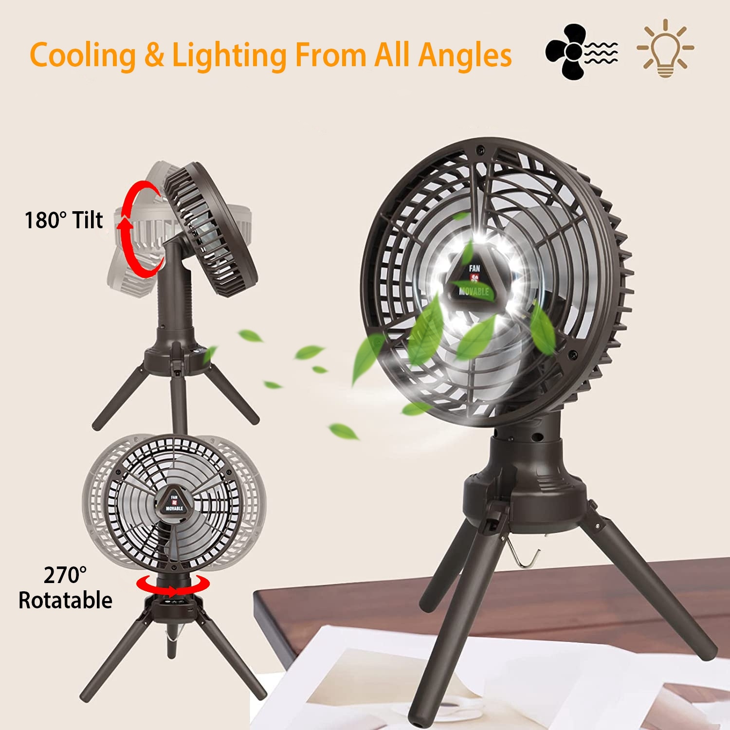 1Pc 10400mah Portable Camping Fan With LED Light Rechargeable Tripod Tent Hanging Fan Lantern Portable Foldable Oscillating Table Fan With 3 Brightness 4 Speeds - Image 7