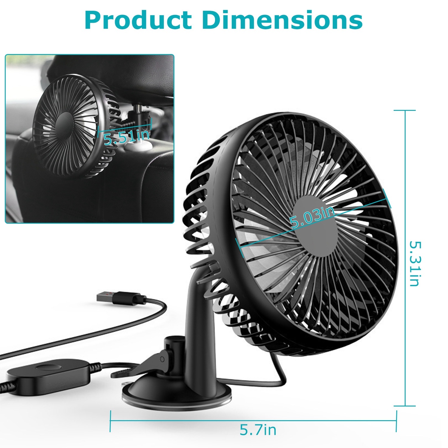 1Pc Car Cooling Fan Portable Rotatable USB Vehicle Fan Backseat Clip Fan Dashboard Window Suction Fan For SUV RV Pickup With 3 Speeds - Image 3
