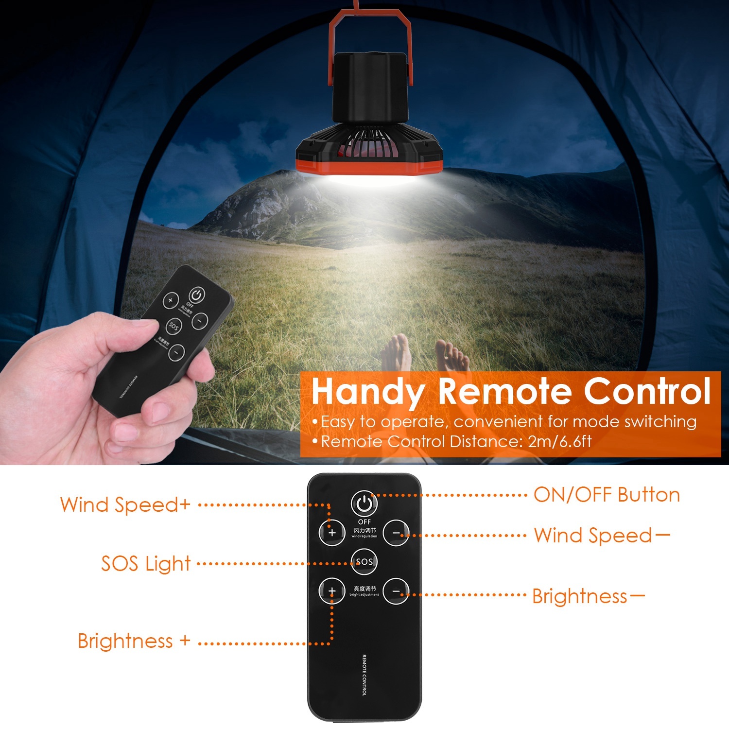 Portable Camping Lantern Fan Battery Powered Hanging Fan USB Rechargeable Tent Fan With 4 Light Modes 3 Wind Modes Emergency Power Bank Remote Control Hanging Hook - Image 6