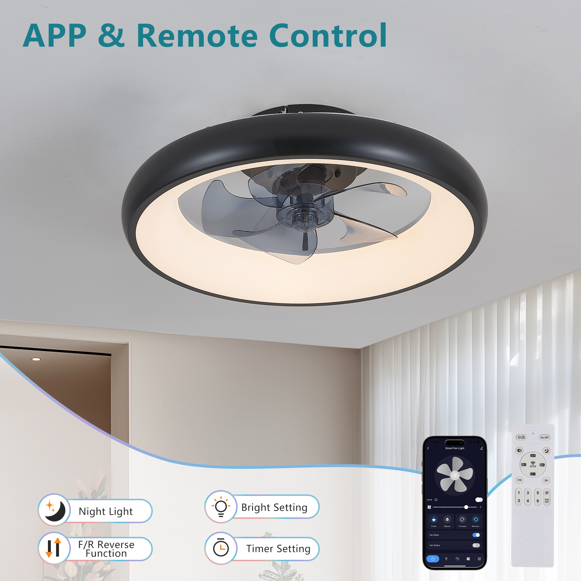 20 Black LED Ceiling Fan Light Dimmable Adjustable Color Temperature, APP Remote Control, Modern Smart Ceiling Fan For Living Room, Bedroom, And Dining Room Silent 6-Speed Reversible DC Motor - Image 9