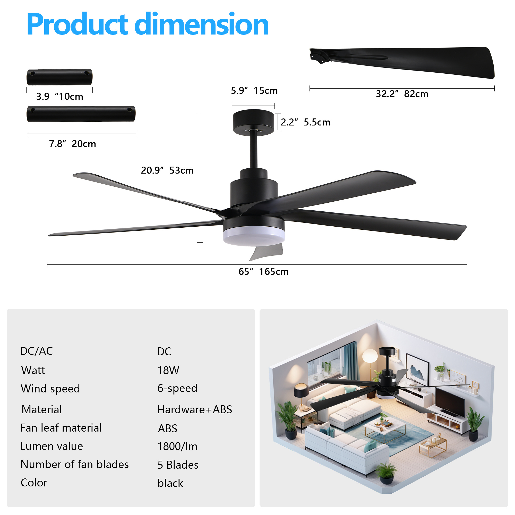 65 Inch Black Ceiling Fan With Light, 5-Blade Dimmable LED Ceiling Fan With Remote Control, Modern Quiet Design For Living Room And Bedroom Silent 6-Speed Reversible DC Motor - Image 6
