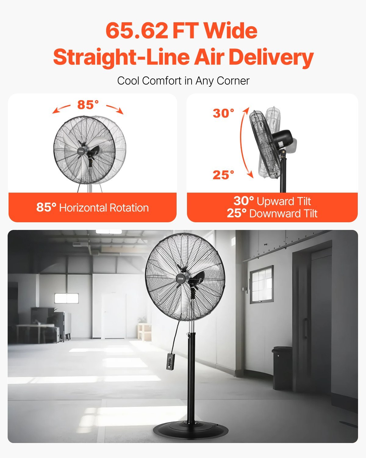 Industrial Pedestal Fan, 24 Inch 85-Degree Oscillating Fan, Height Adjustable Standing Fans With 3 Adjustable Speeds, High Power Fans For Warehouse,Garage,Commercial, Black - Image 4