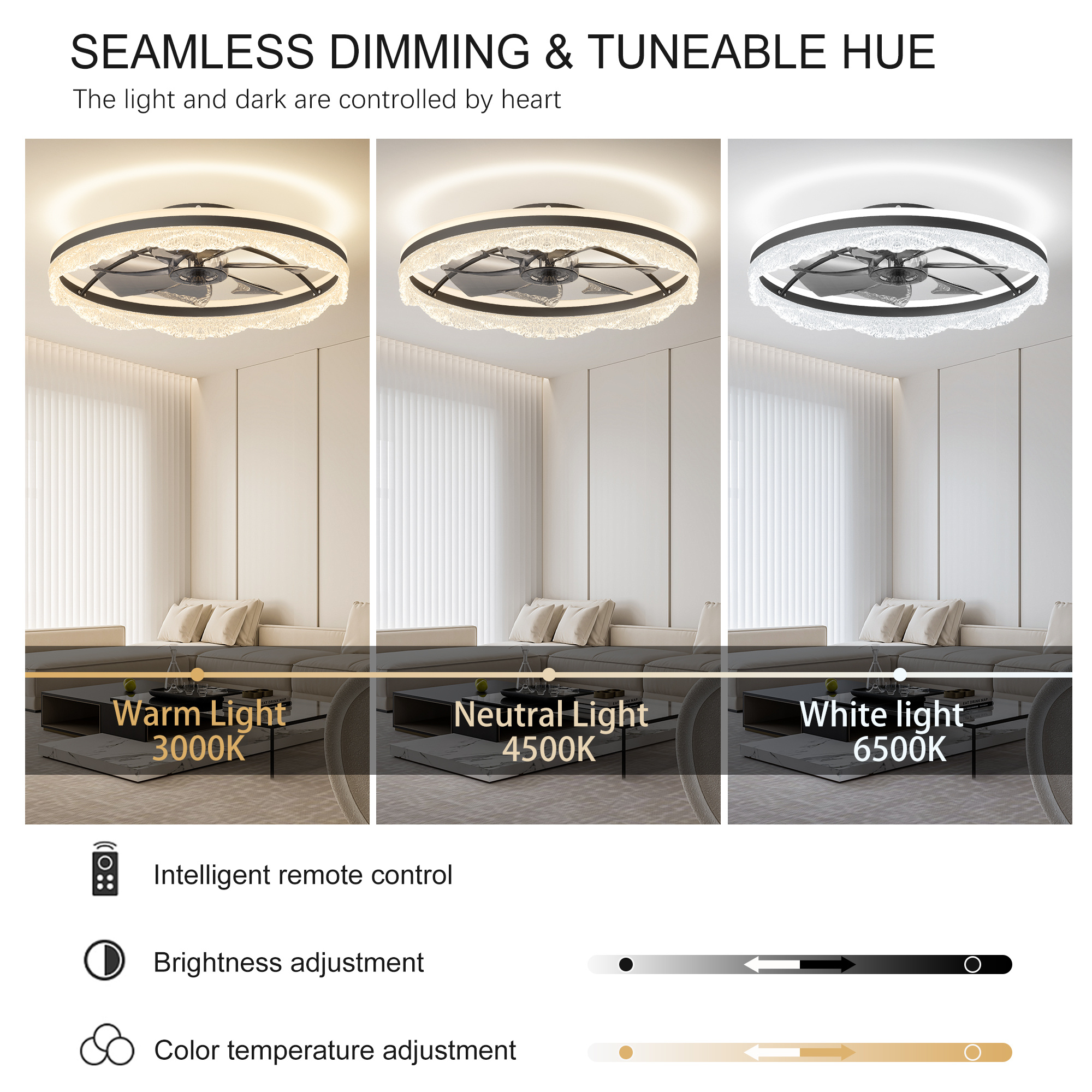 24 Quiet Ceiling Fan With Light LED Crystal Flush Mount Fan Lamp With Hidden Blades And Natural Airflow, Perfect For Bedroom, Kids Room, Study Room - Image 6